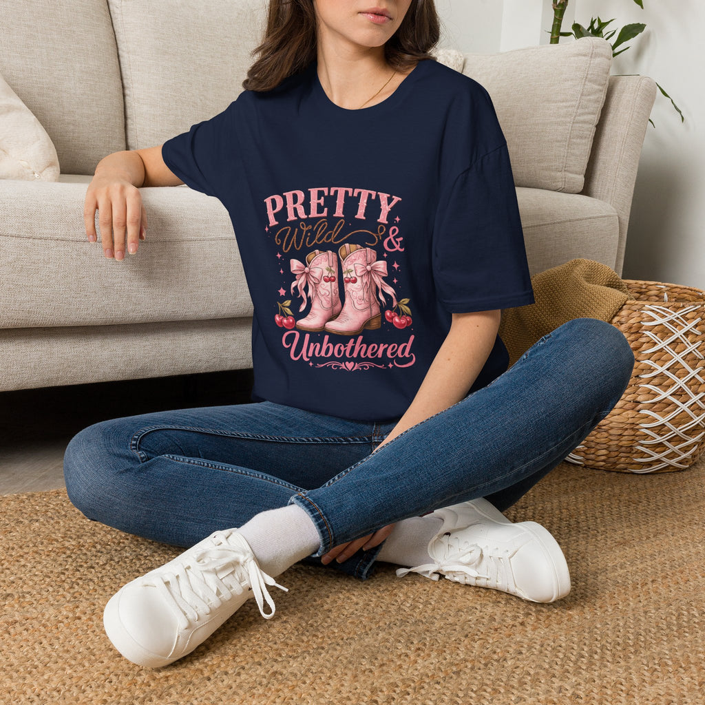 Coquette Cowgirl T-Shirt | Pretty Wild & Unbothered Pink Boots Graphic Tee