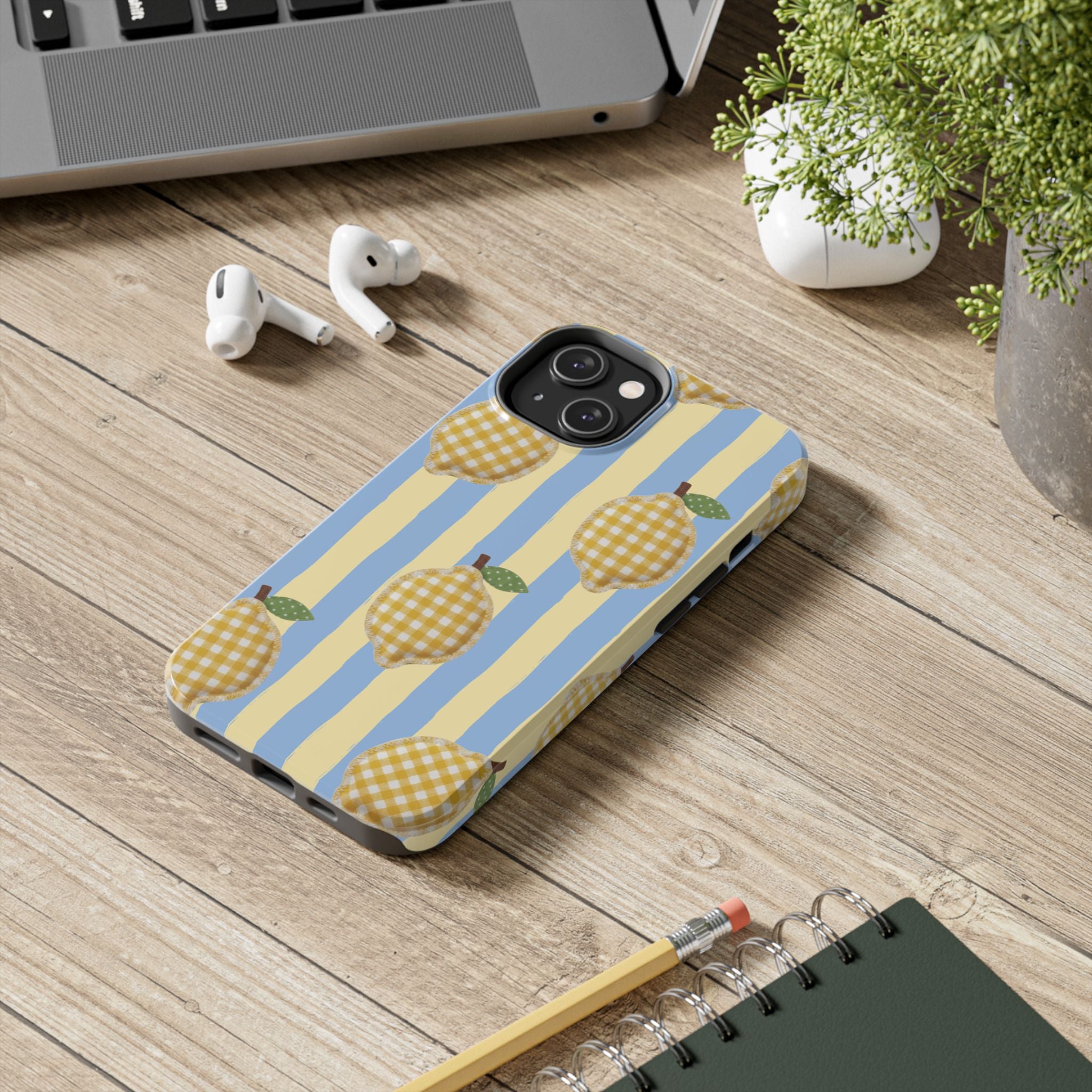 Tough Phone Case — Blue & Yellow Gingham Lemon Design