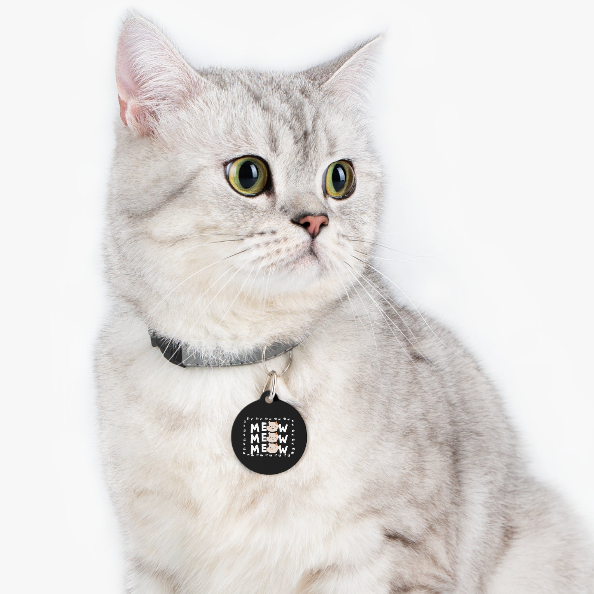 Cat 'Meow Meow Meow' Round Pet Tag — Cute Paw-Print ID Charm