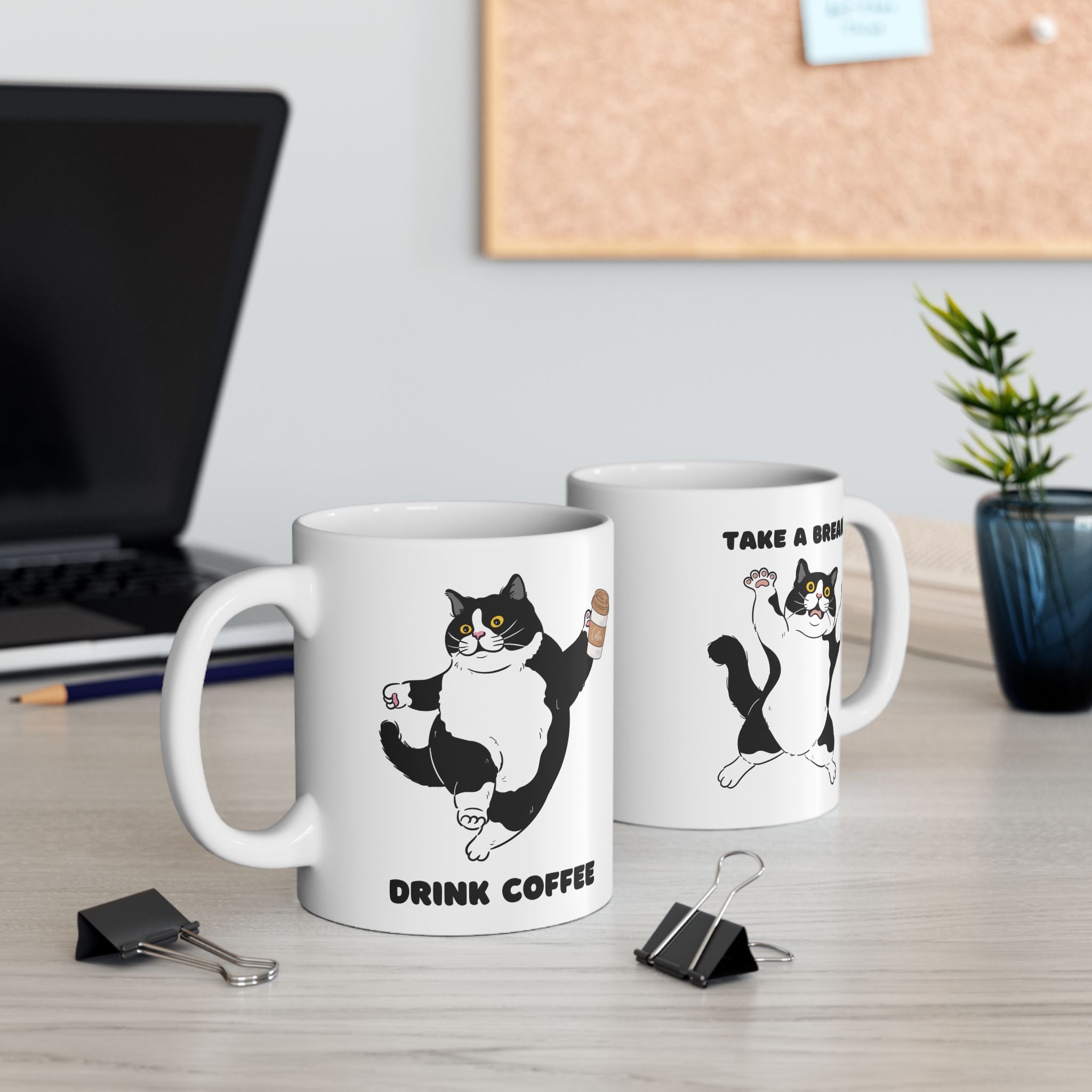 Cat Coffee Mug — "Drink Coffee, Break!" Cute Tuxedo Cat Tea Cup (11oz & 15oz)