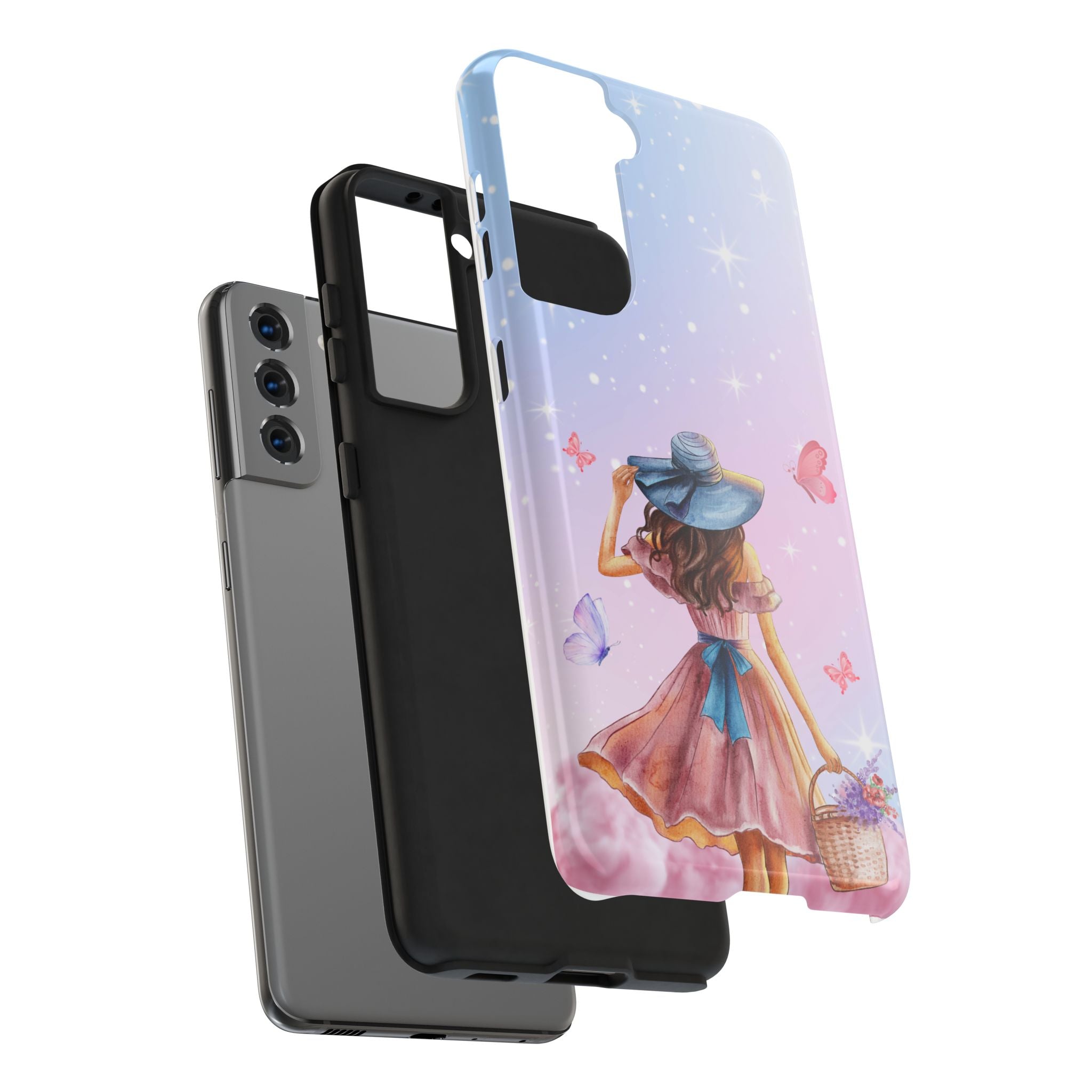 Pastel Girl with Hat Phone Case — Floral Basket Butterfly Tough Phone Case