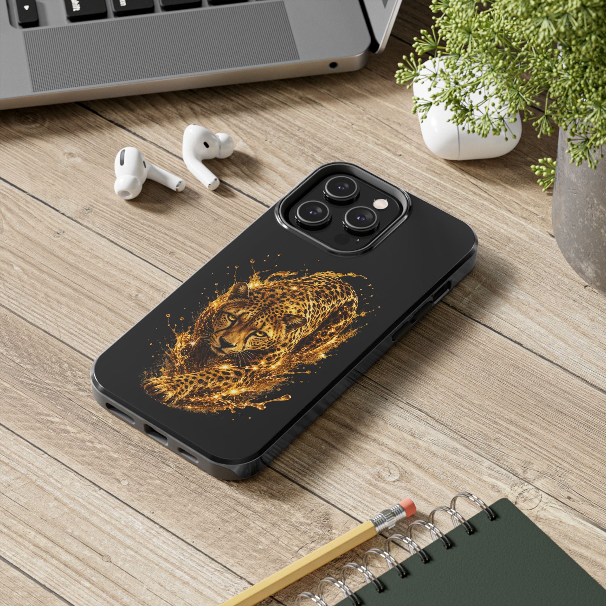 Golden Cheetah Tough Phone Case — Fierce Splash Design, Protective iPhone Cover