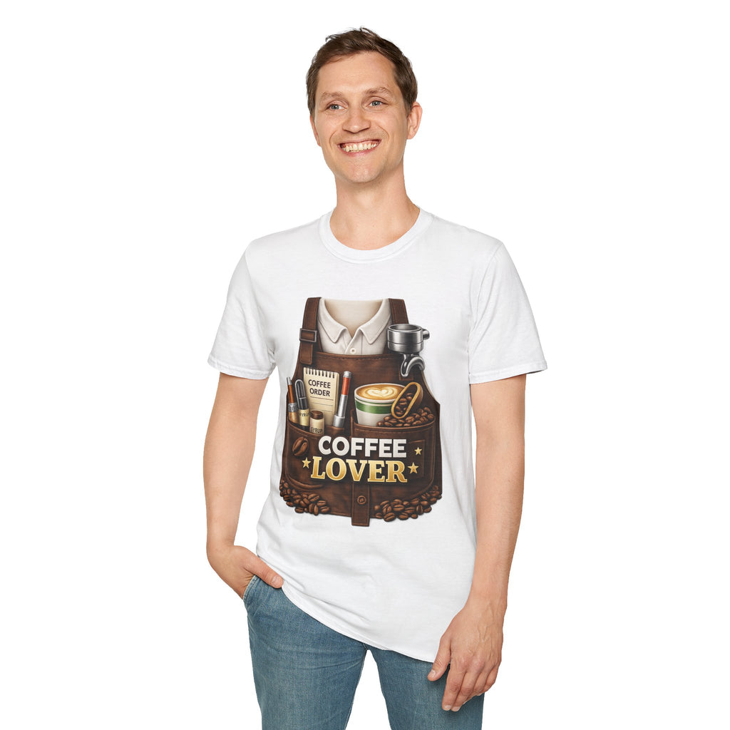 Coffee Lover T-Shirt — Barista Apron Graphic Tee (Coffee Beans, Espresso Art)