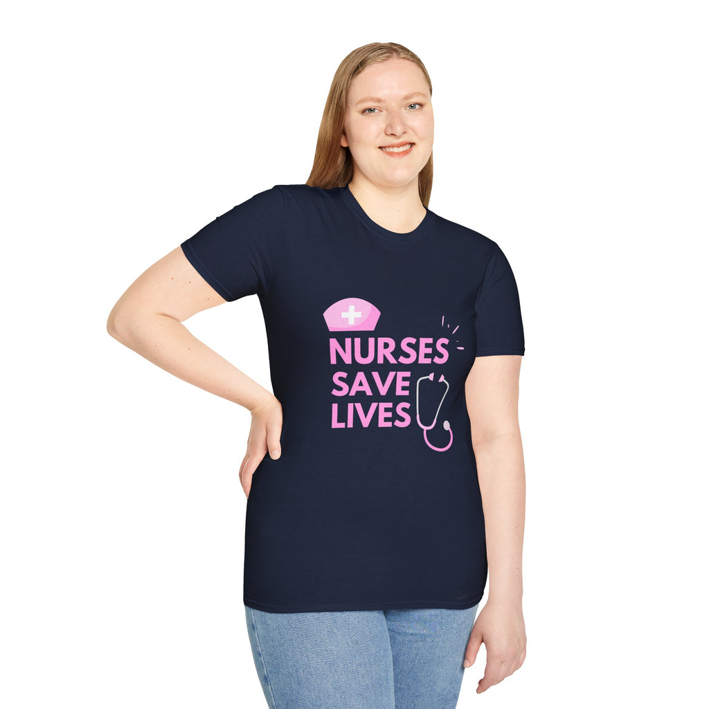 Nurses Save Lives T-Shirt — Pink Nurse Hat & Stethoscope Tee