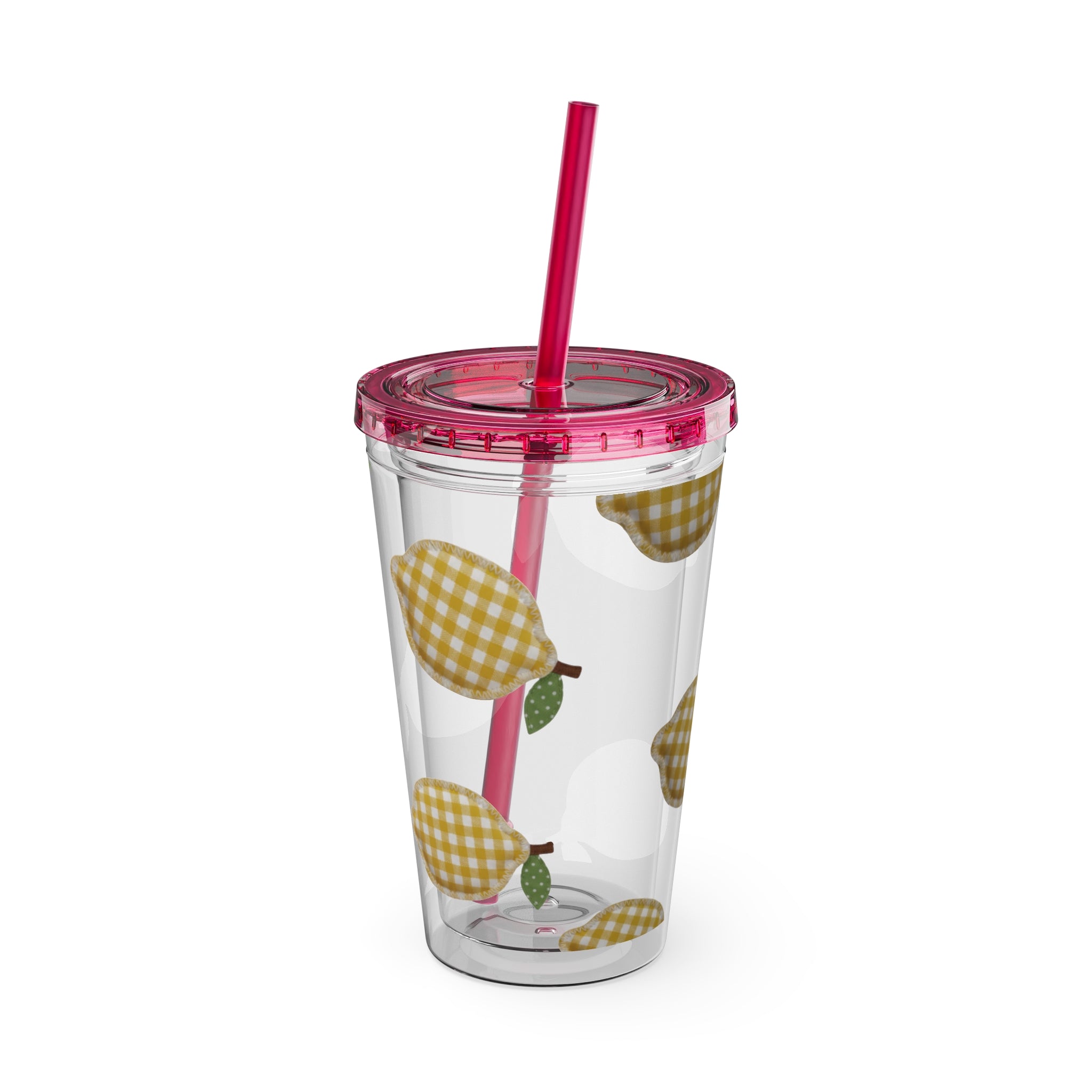 Gingham Pear Sunsplash Tumbler, 16oz Clear Travel Cup with Straw