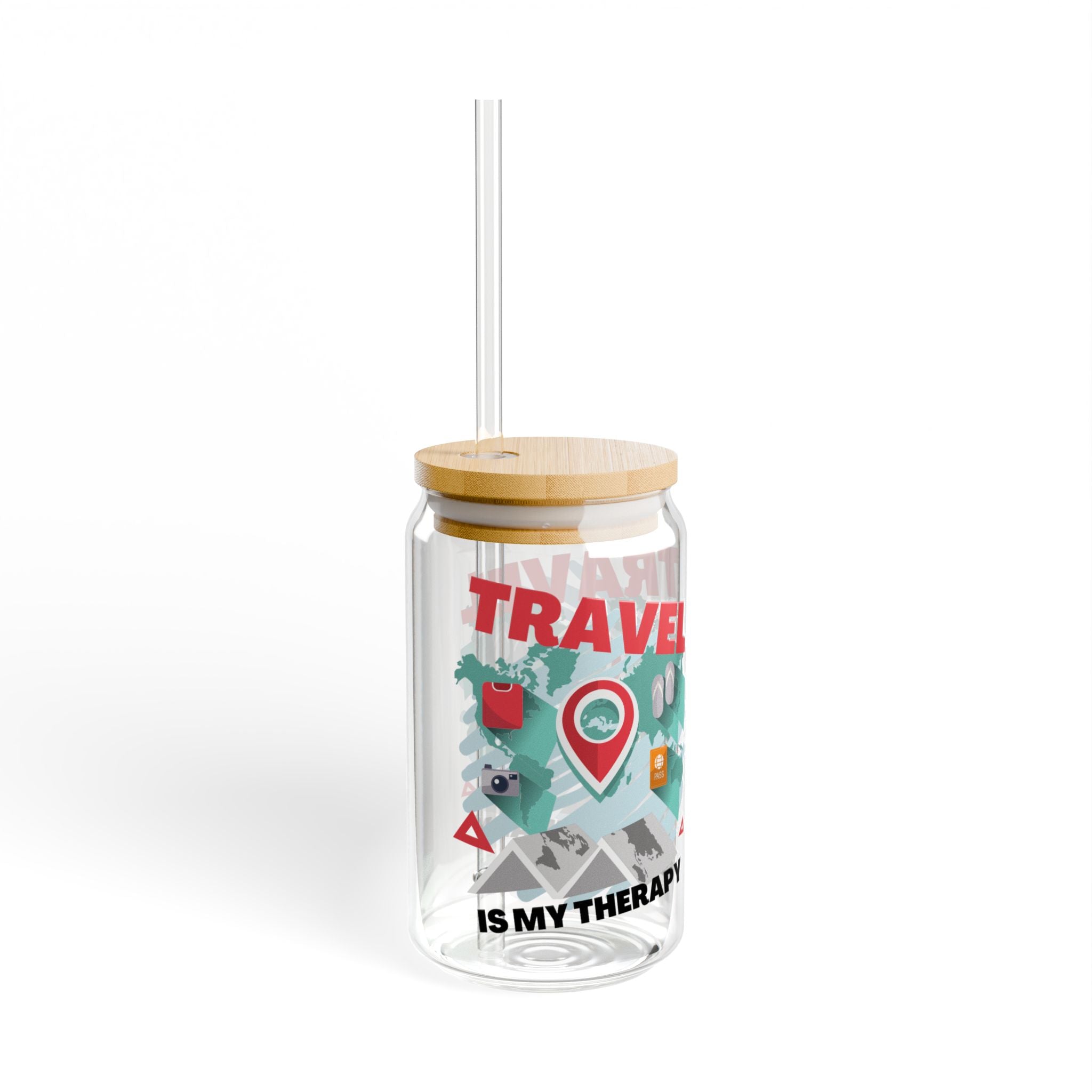 Travel Is My Therapy Sipper Glass - 16oz Mason Jar Tumbler with Straw
