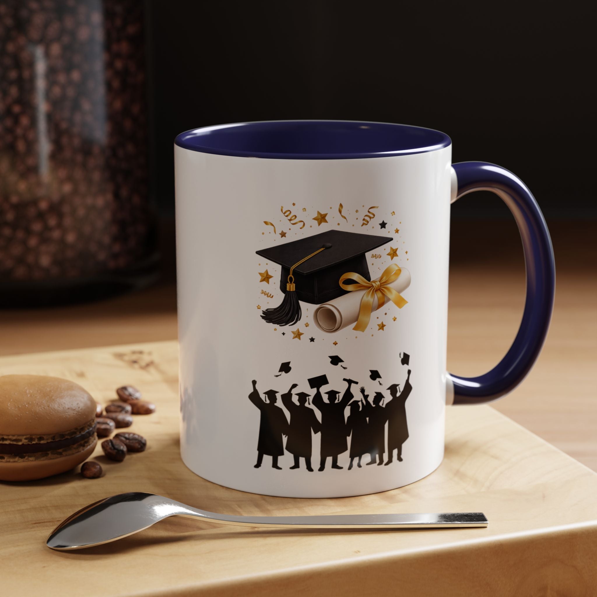 Graduation Celebration Coffee Mug — Cap, Diploma & Tossed Caps Design