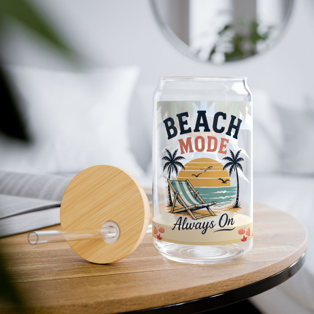 Beach Mode 16oz Sipper Glass — 'Always On' Tropical Tumbler with Straw