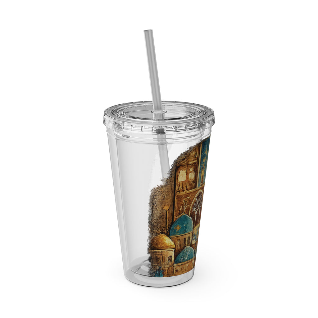16oz Art Deco Goddess Tumbler with Straw — Middle Eastern Cityscape Design
