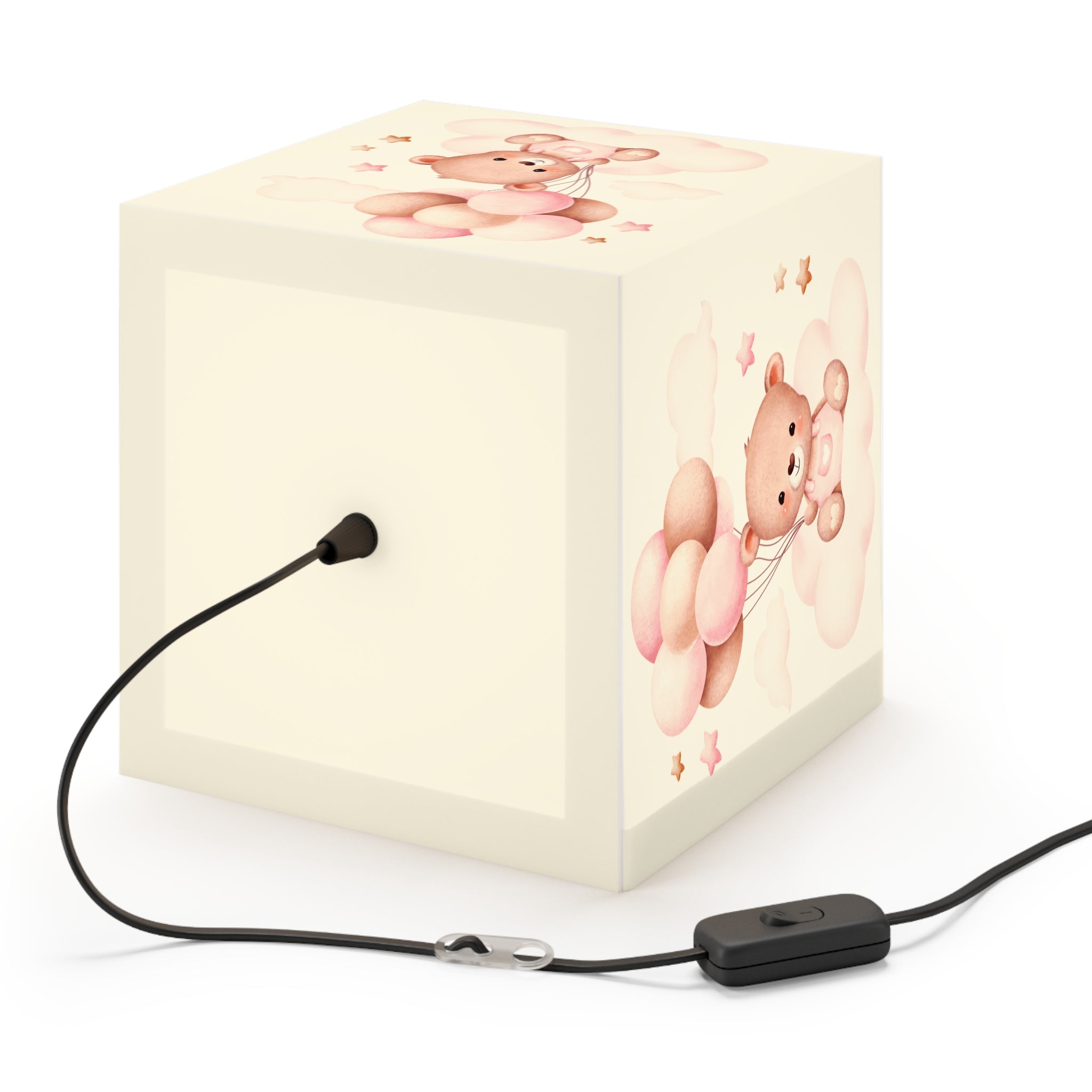 Teddy Bear Balloon Cube Lamp — Pink Nursery Light