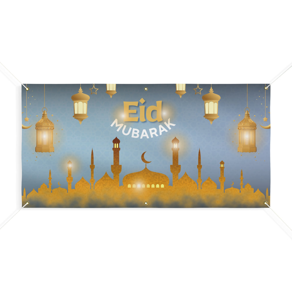 Eid Mubarak Matte Banner – Golden Mosque & Lanterns Decorative Eid Sign