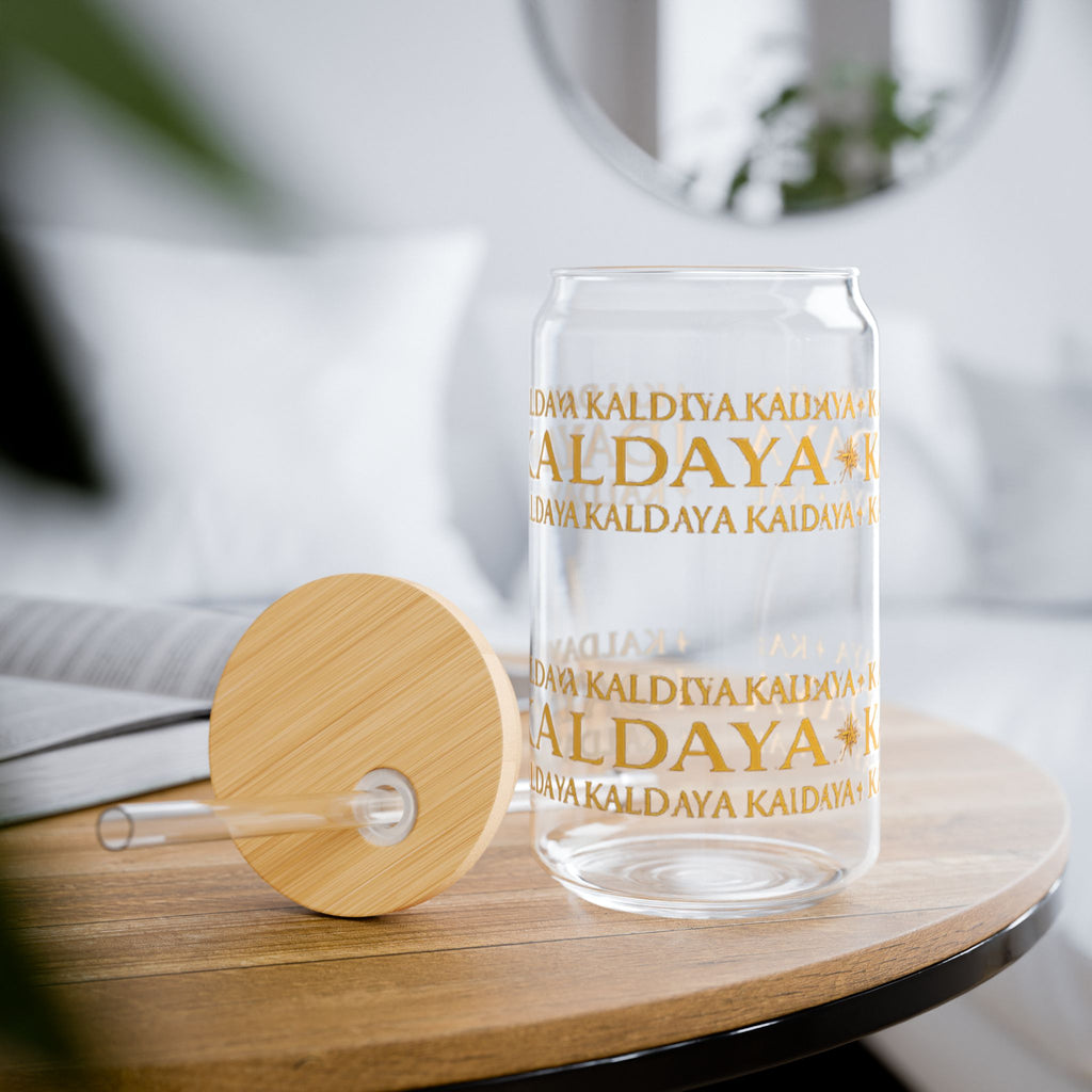 Kaldaya Repeated Logo 16oz Sipper Glass with Bamboo Lid & Straw
