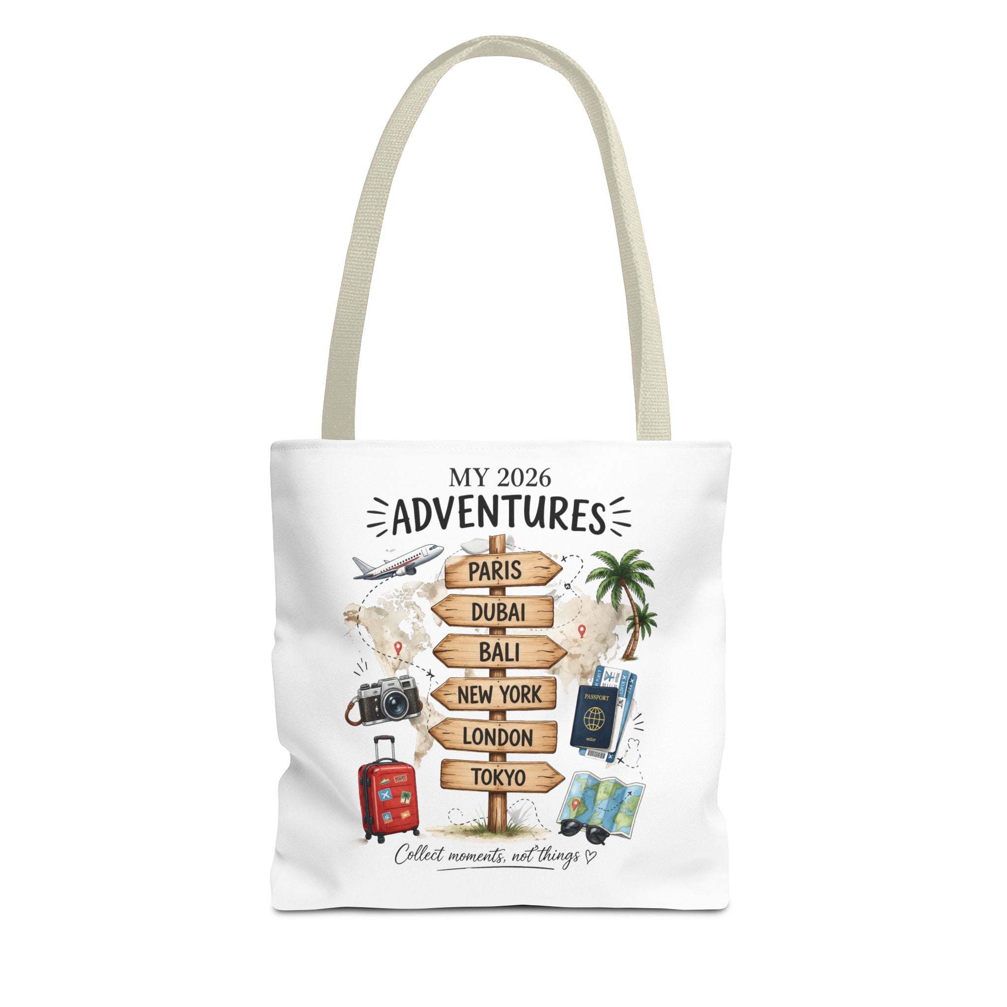 2026 Travel Adventures Tote Bag — 'My 2026 Adventures' World Cities Signpost Design