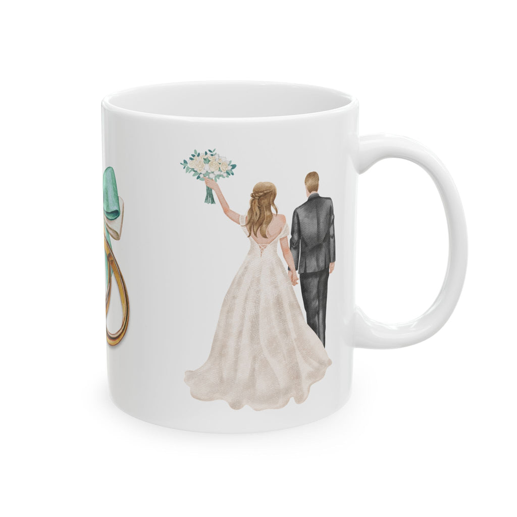 Wedding Rings & Couple Ceramic Mug — Bride and Groom Illustration (11oz/15oz)