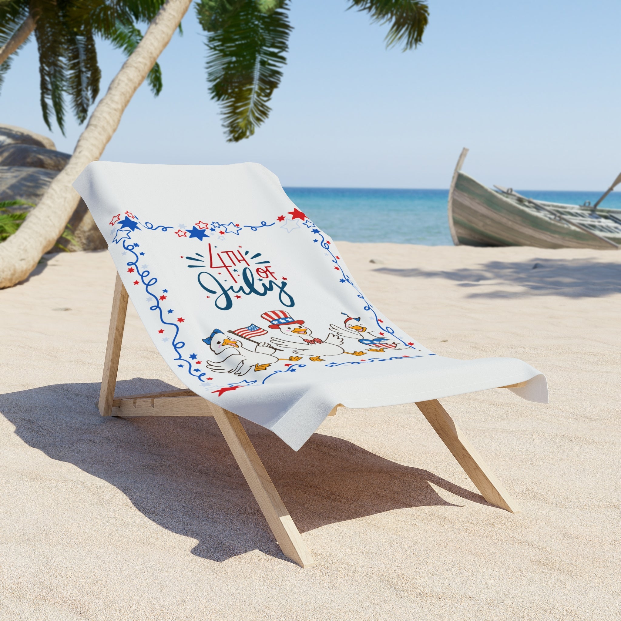 4th of July Beach Towel — Patriotic Ducks with Stars & Stripes