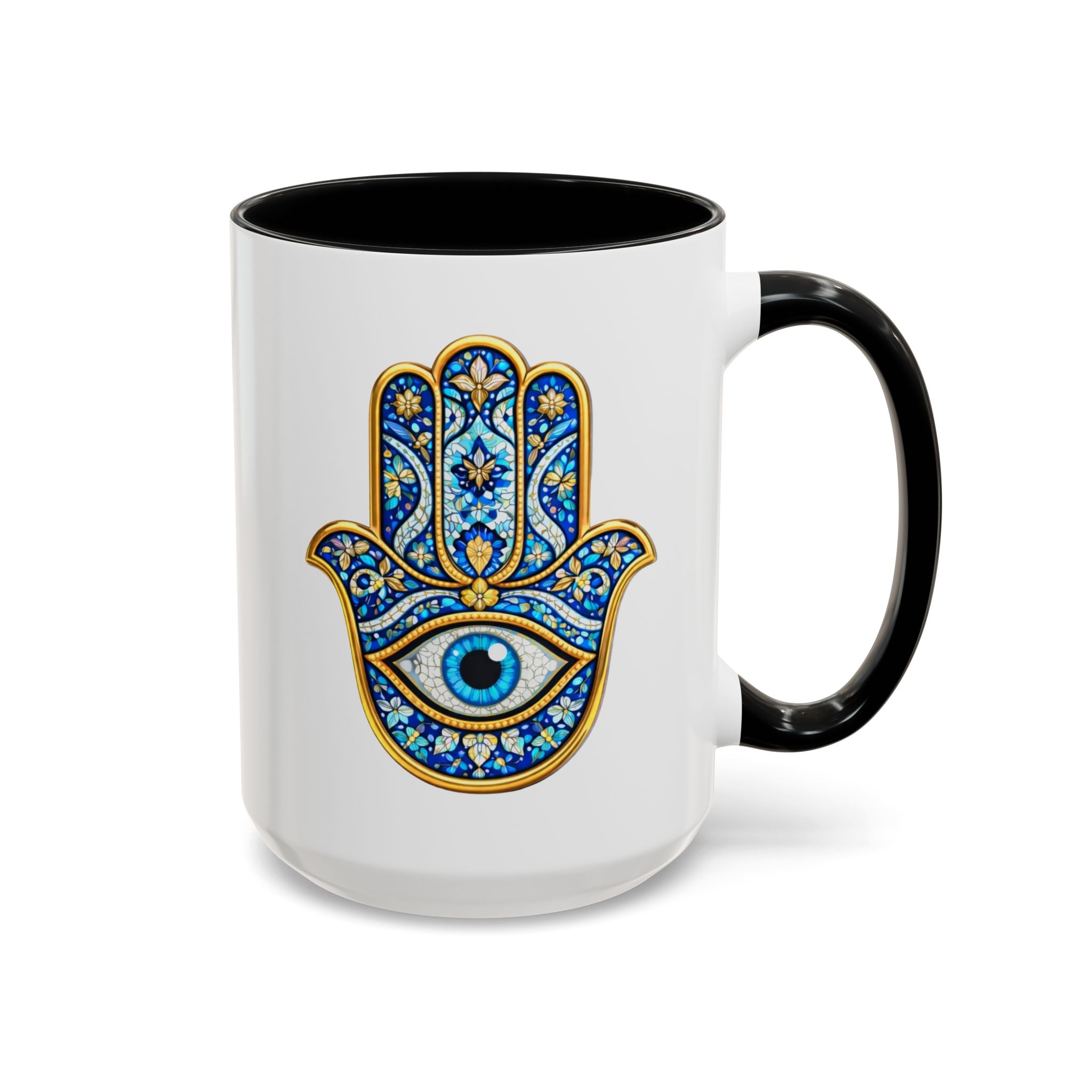 Hamsa Hand Accent Coffee Mug – Blue Protective Evil Eye Ceramic Mug (11/15oz)