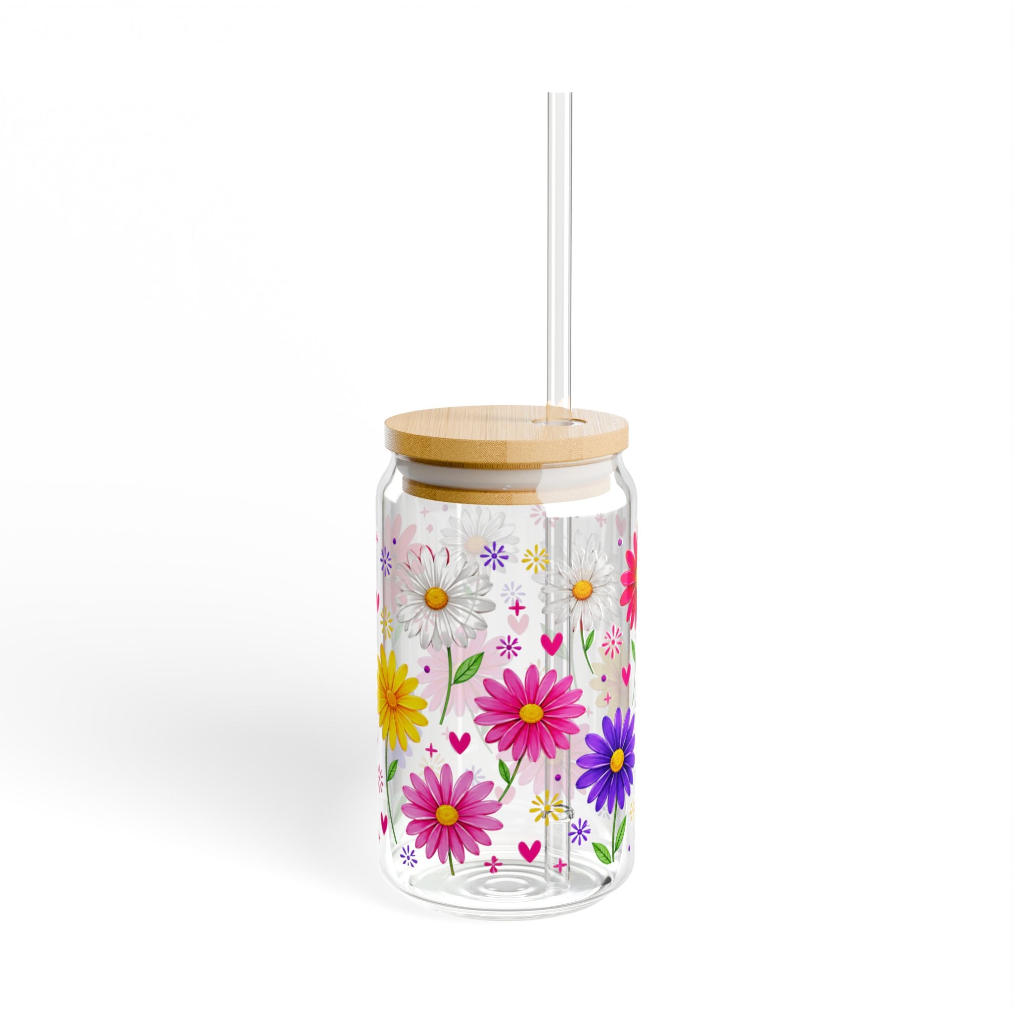 16oz Floral Sipper Glass with Bamboo Lid & Straw — Colorful Daisy Drink Tumbler