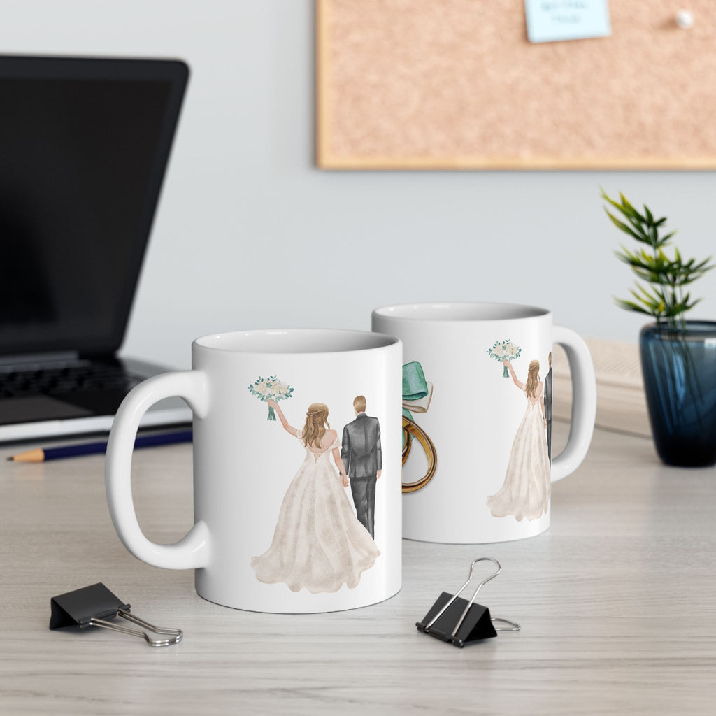 Wedding Rings & Couple Ceramic Mug — Bride and Groom Illustration (11oz/15oz)