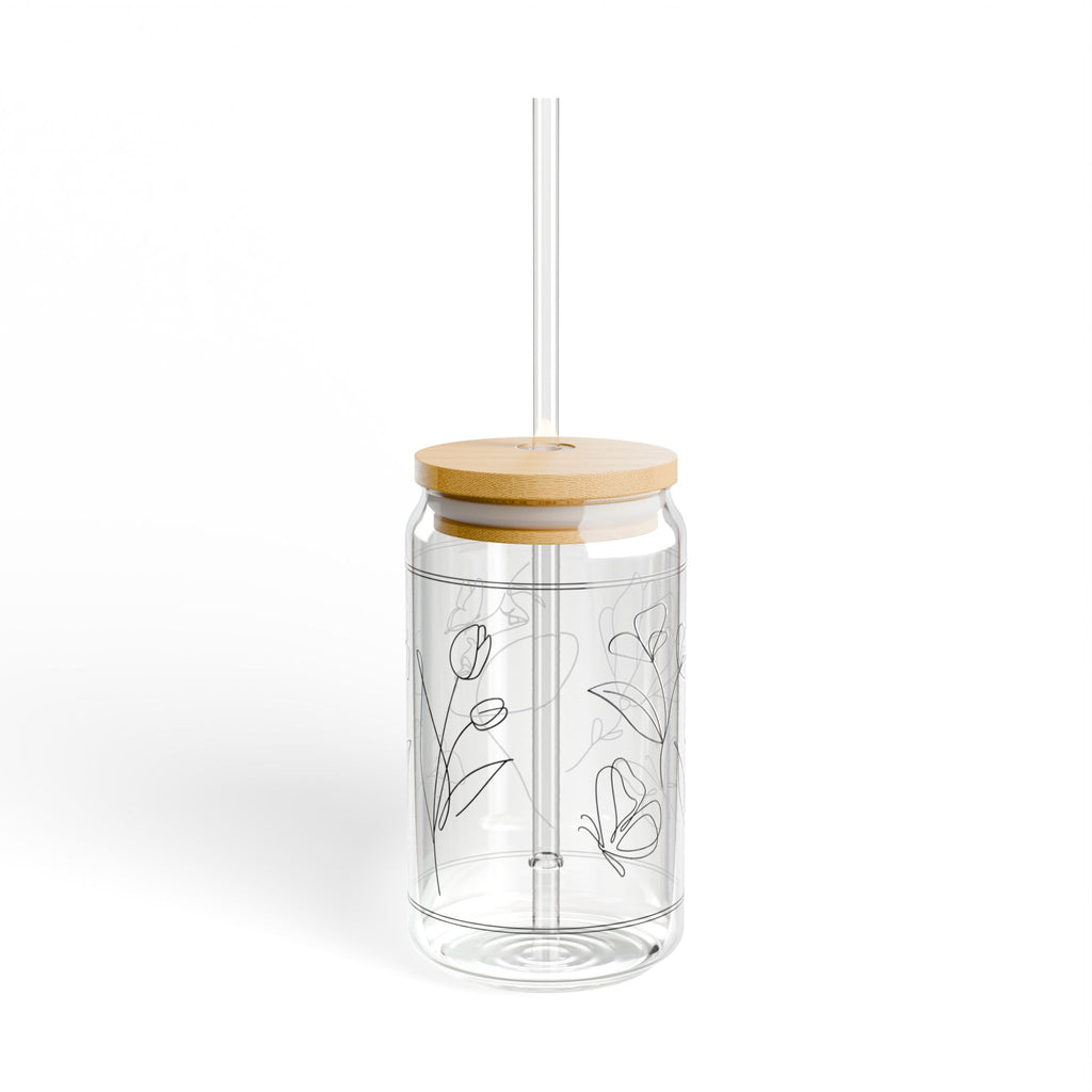 Floral Outline Sipper Glass - 16oz Bamboo Lid & Straw