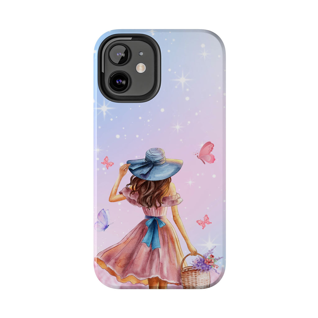 Pastel Girl with Hat Phone Case — Floral Basket Butterfly Tough Phone Case