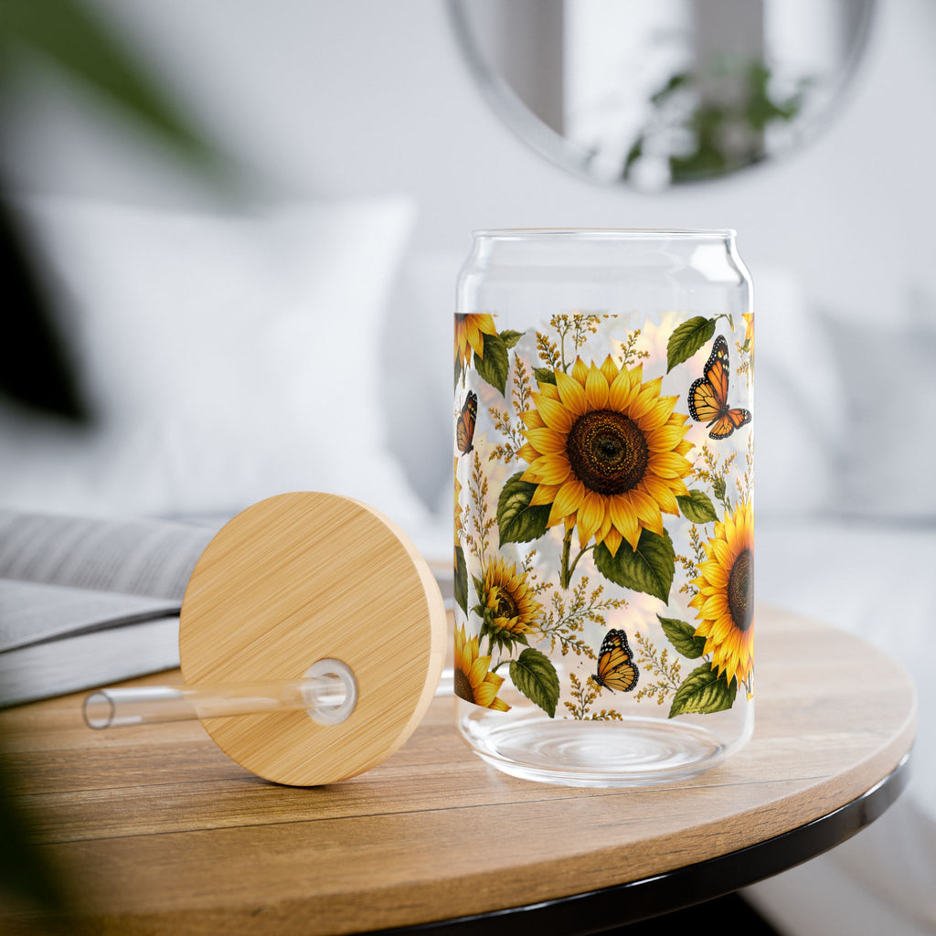 Sunflower & Butterfly Sipper Glass — 16oz Reusable Straw Tumbler