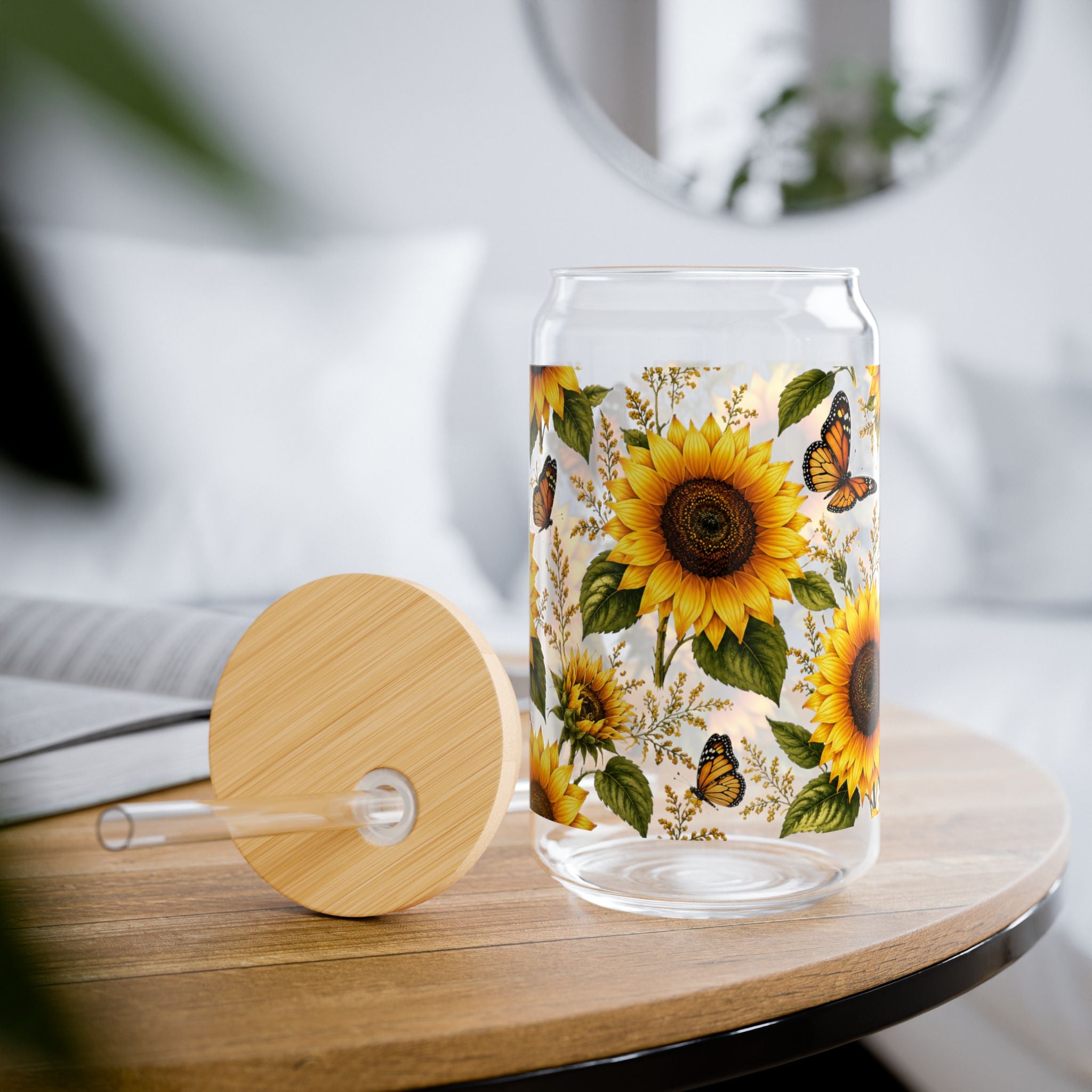 Sunflower & Butterfly Sipper Glass — 16oz Reusable Straw Tumbler