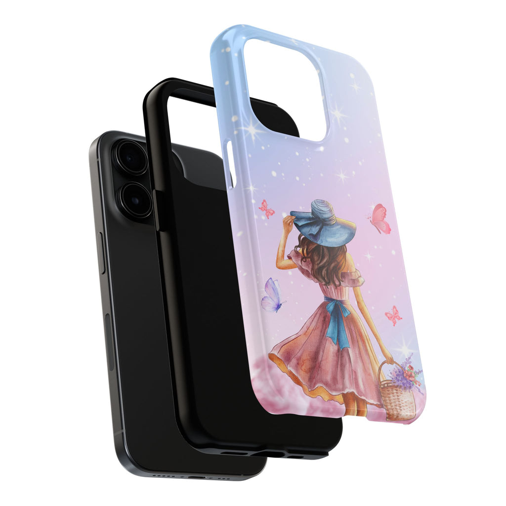 Pastel Girl with Hat Phone Case — Floral Basket Butterfly Tough Phone Case