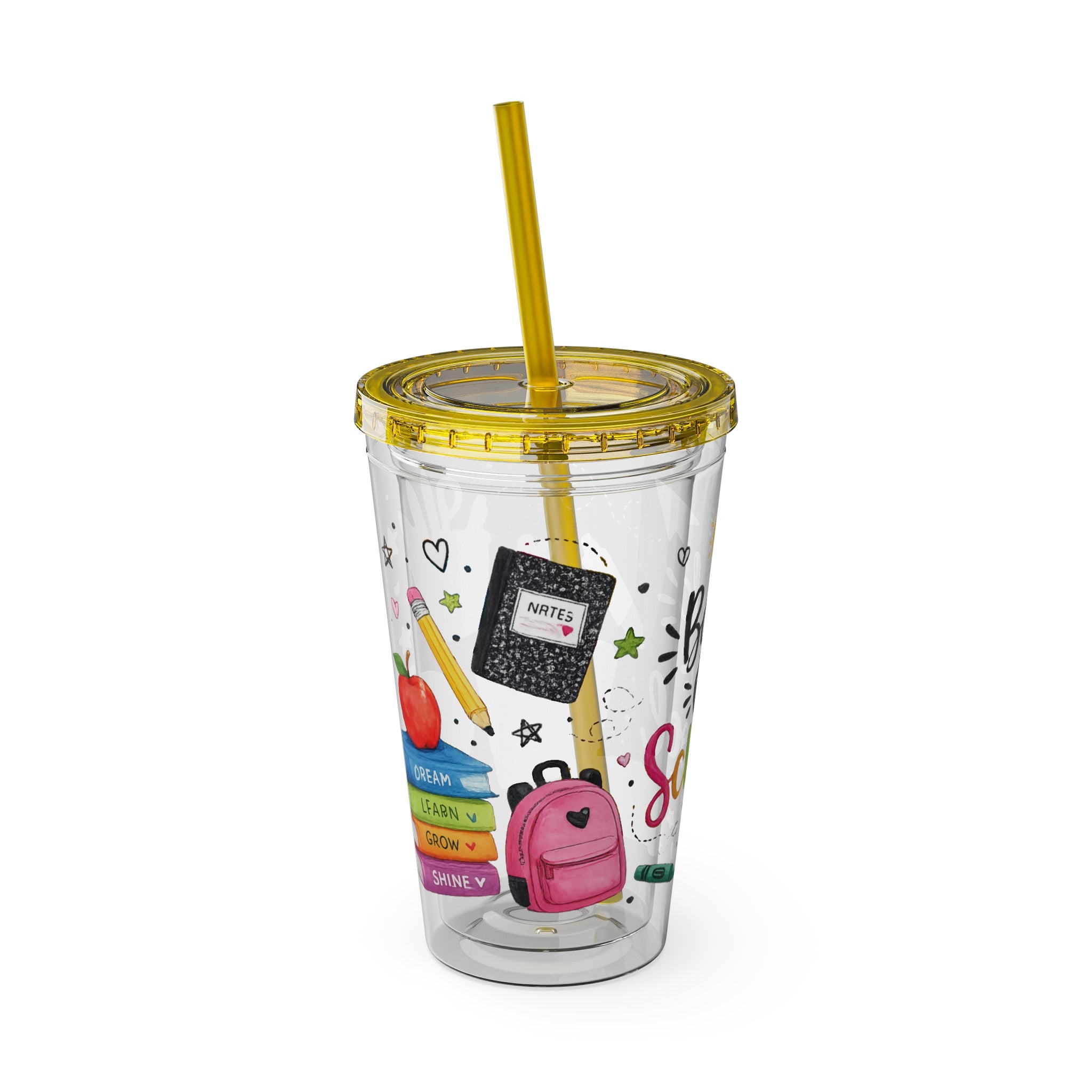 Back to School 16oz Tumbler with Straw – Cute School Supplies Design