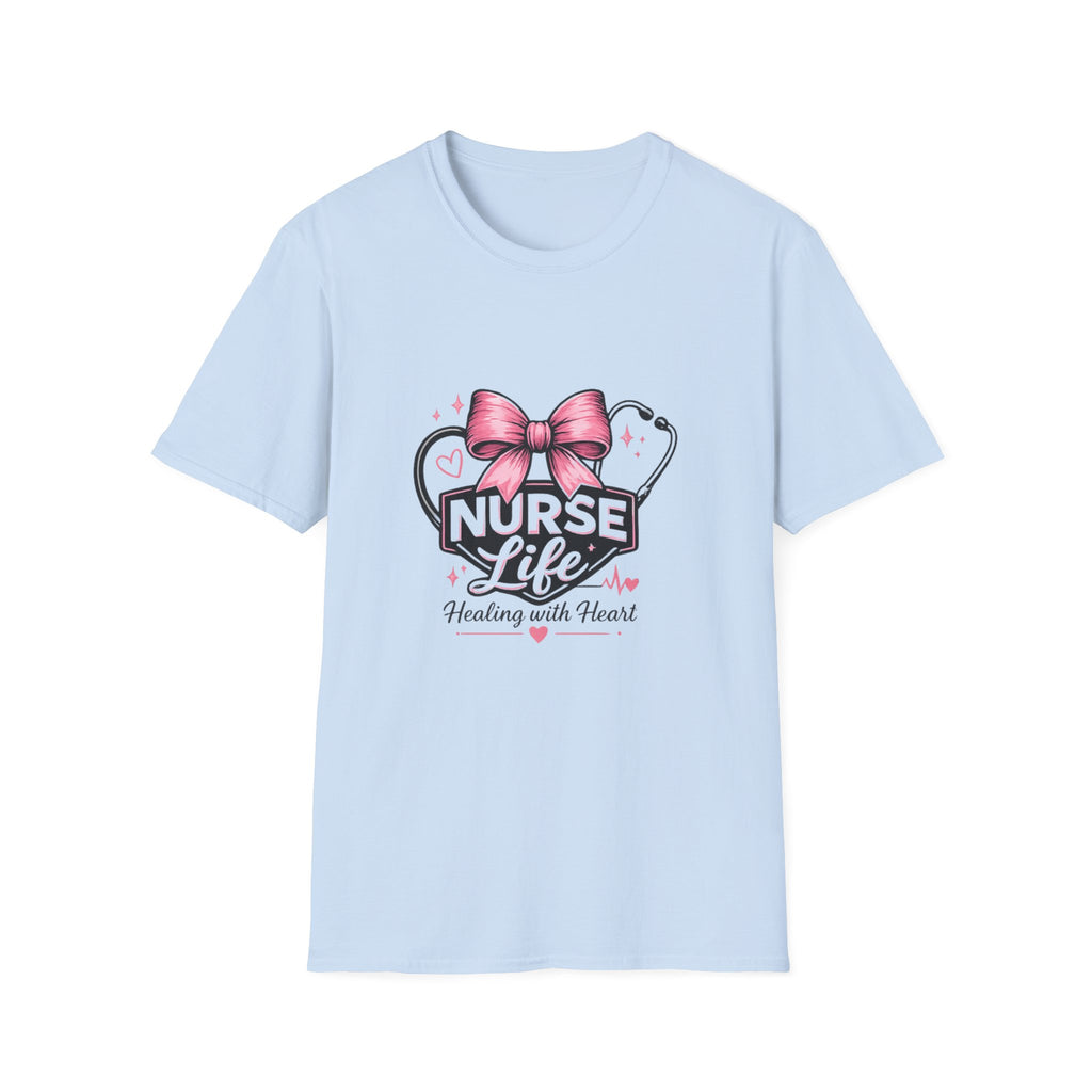 Nurse Life T-Shirt – Healing with Heart Stethoscope & Bow Design