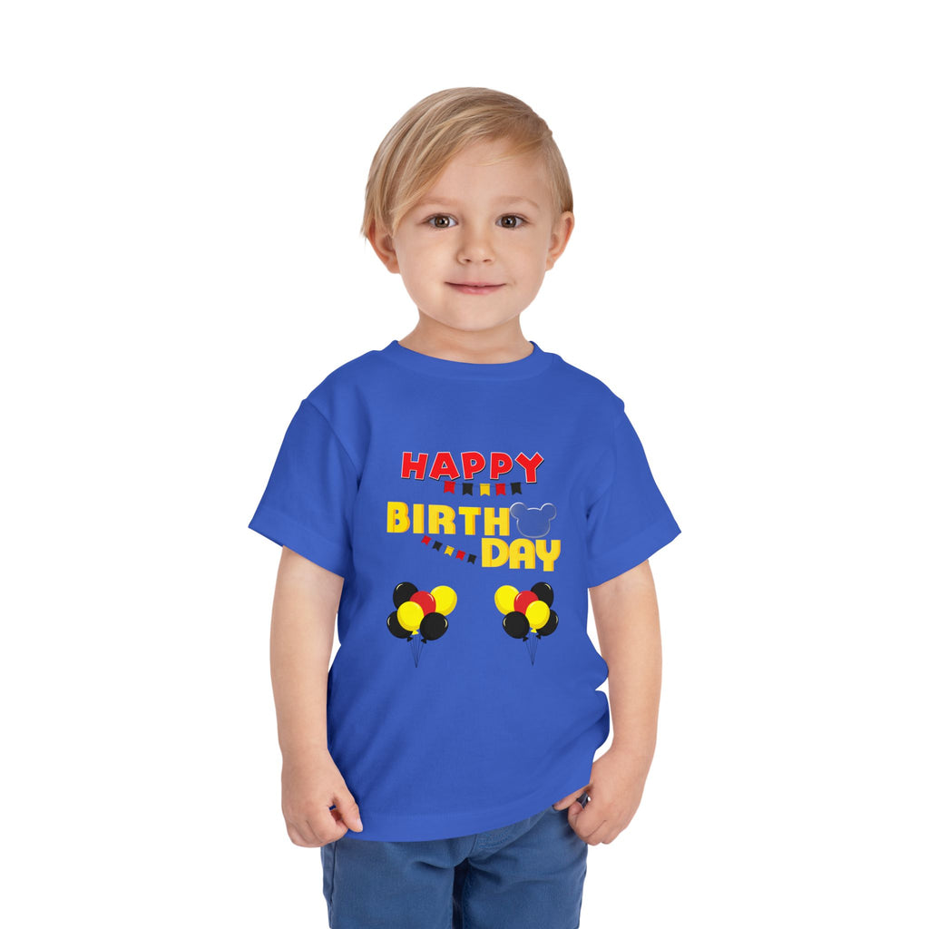 Toddler Tee — 'Happy Birthday' Balloon Party Shirt (Mickey-Style Colors)