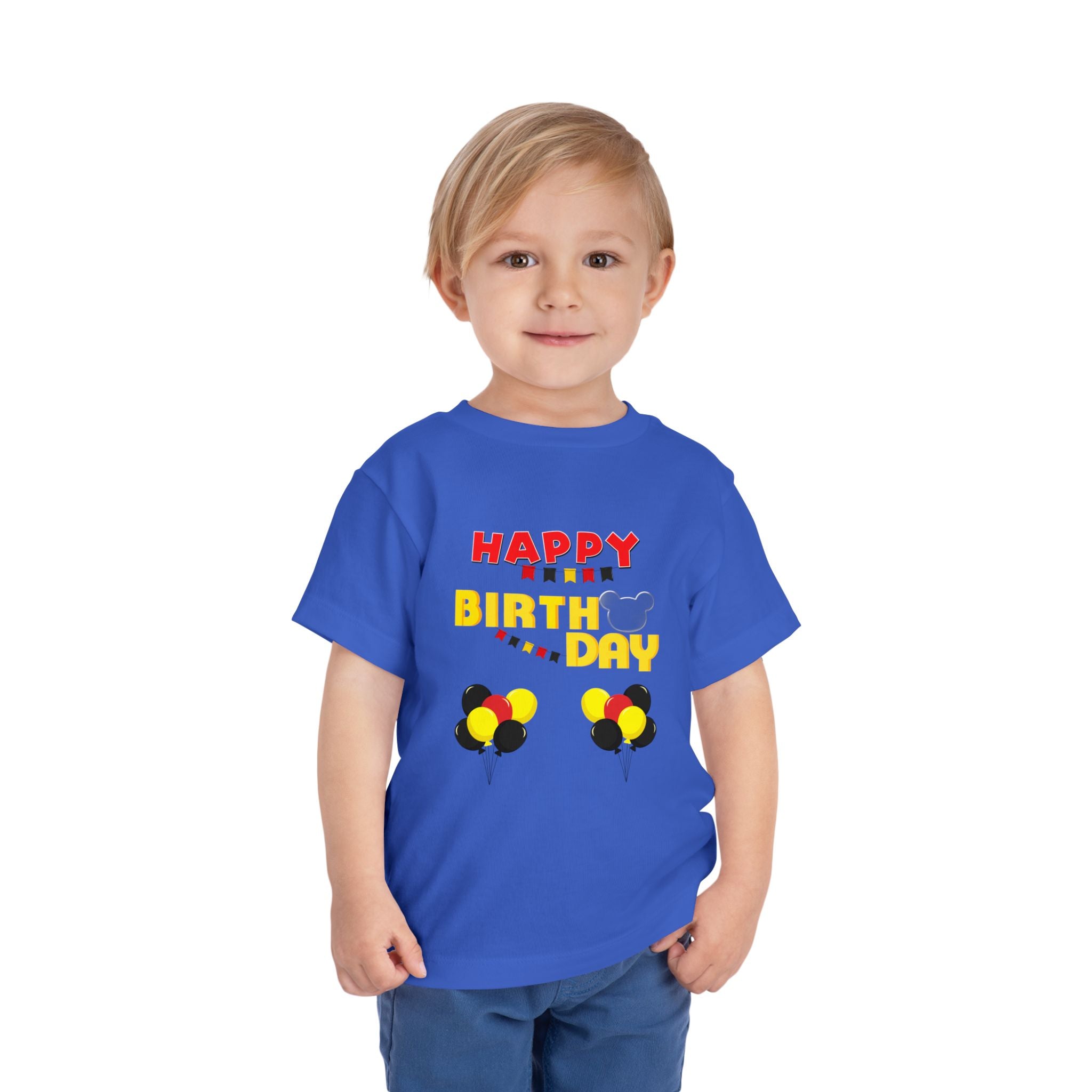 Toddler Tee — 'Happy Birthday' Balloon Party Shirt (Mickey-Style Colors)