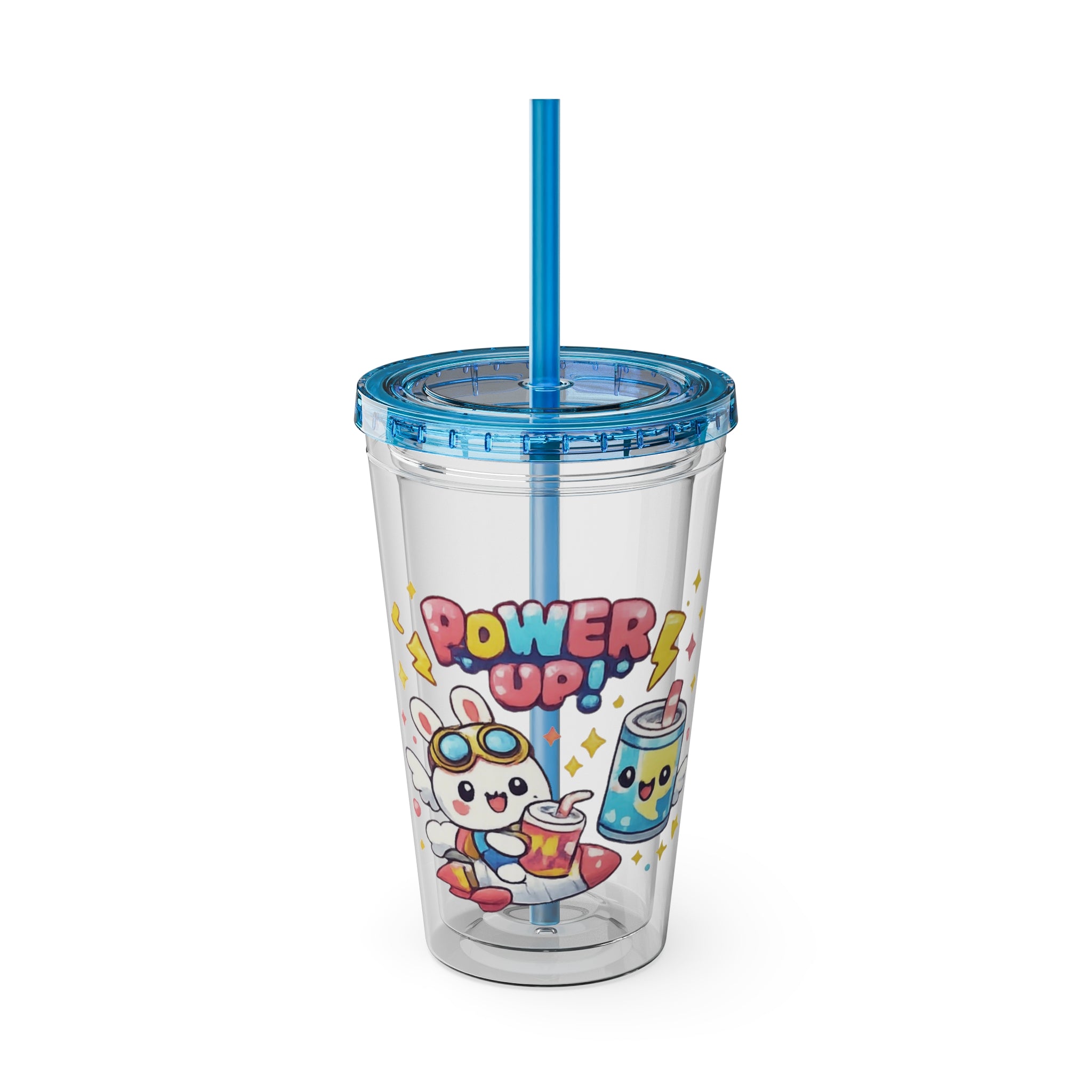 Sunsplash 16oz Tumbler with Straw — Cute "Power Up!" Gamer Character Design