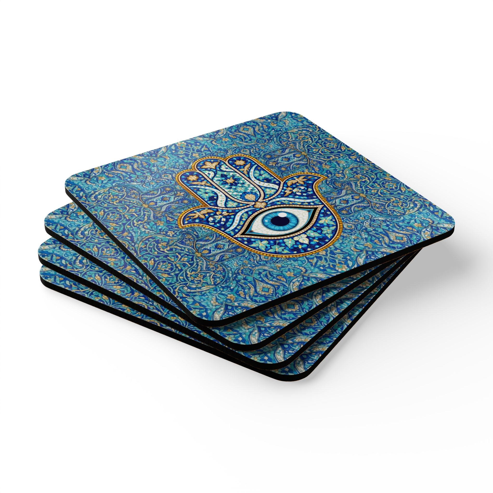 Hamsa Eye Cork Coaster Set – Blue Moroccan Tile Drink Coasters (4-Pack)