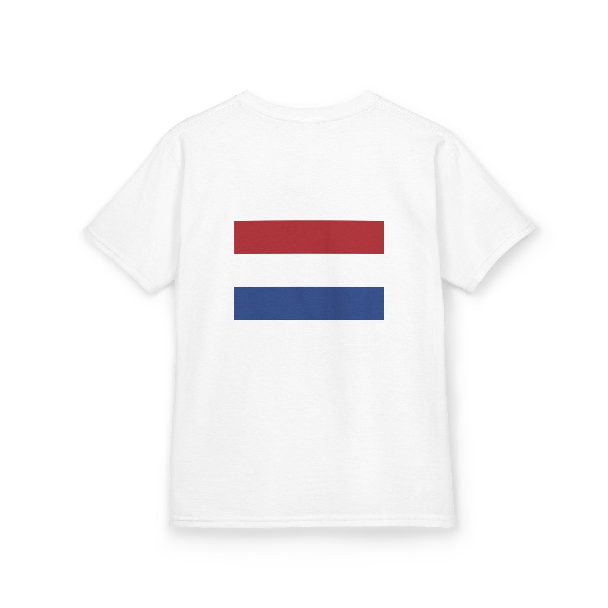 Netherlands Kids T-Shirt — Netherlands 2026 Lion Crest with Dutch Flag Back