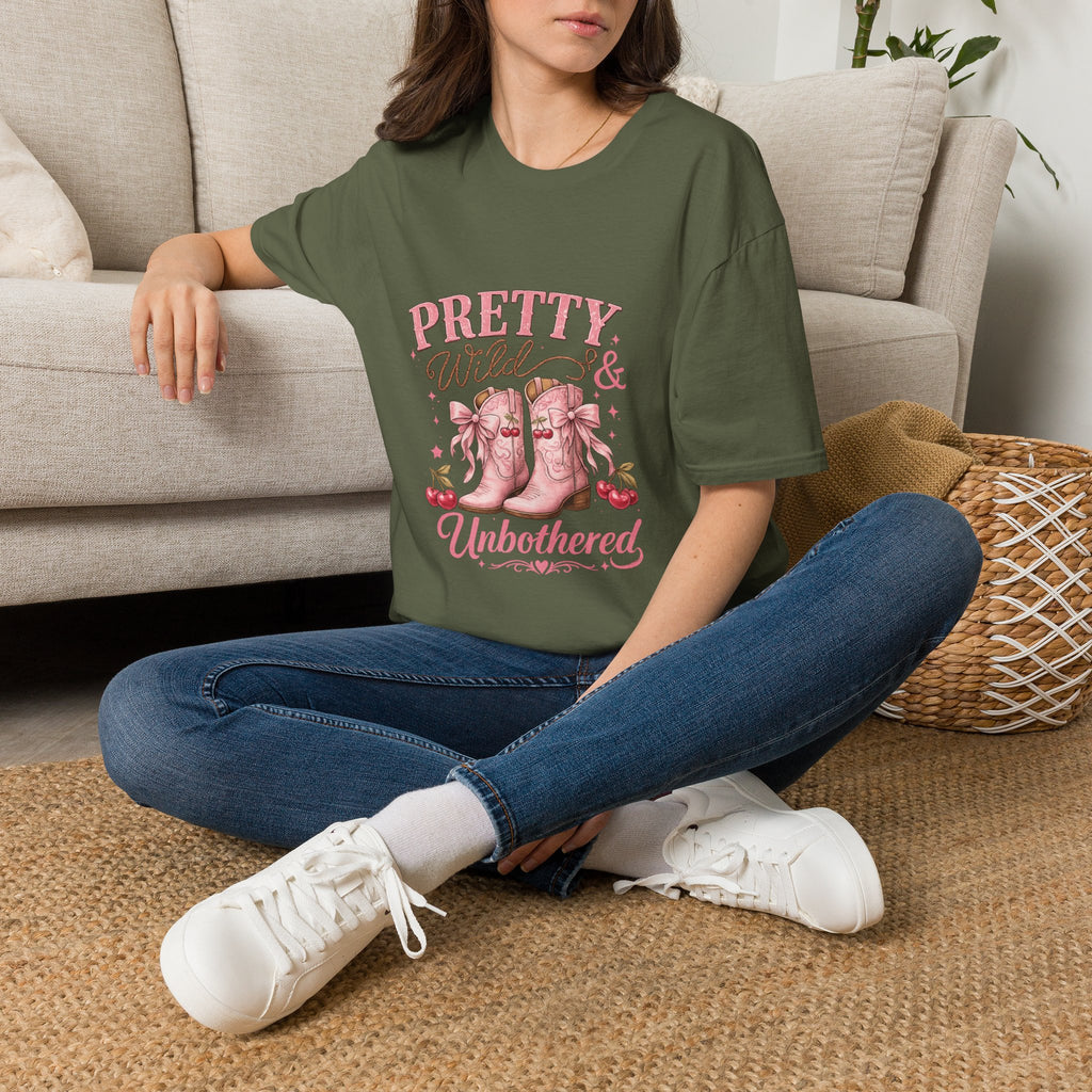Coquette Cowgirl T-Shirt | Pretty Wild & Unbothered Pink Boots Graphic Tee