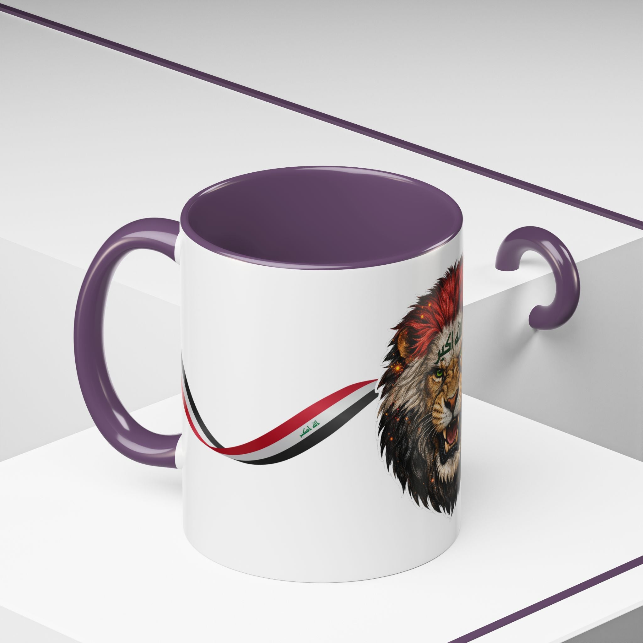 Iraq Lion Head Accent Coffee Mug with Arabic Script and Flag Ribbon – Patriotic Iraq Gift (11/15oz)