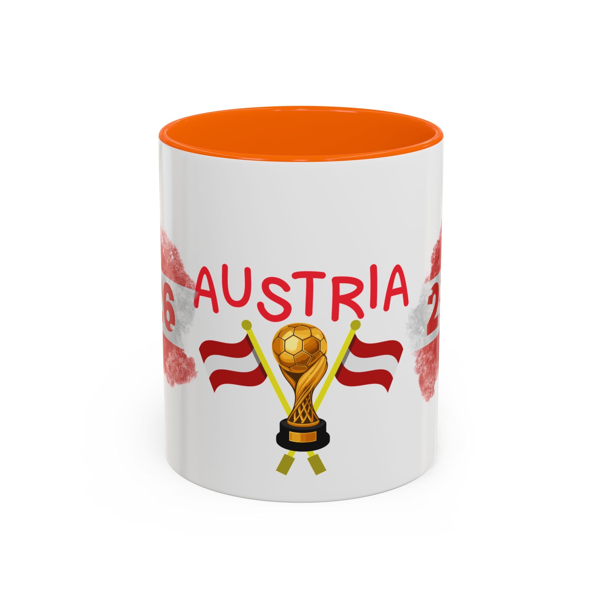Austria 2026 Soccer Cup Accent Coffee Mug — Red Flag & Trophy Design (11/15oz)