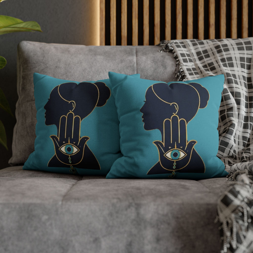 Evil Eye Hamsa Silhouette Throw Pillowcase — Turquoise Spiritual Decorative Pillow