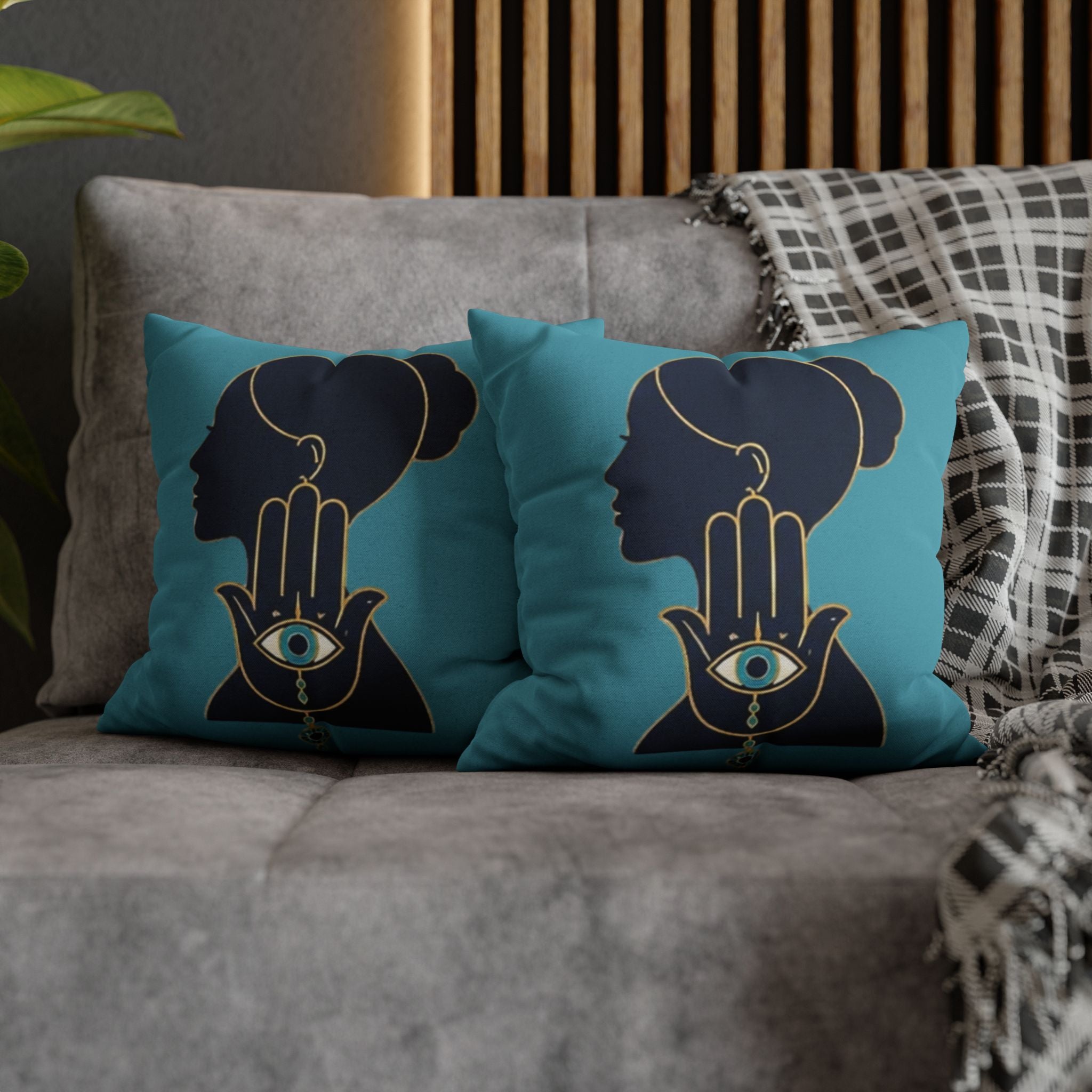 Evil Eye Hamsa Silhouette Throw Pillowcase — Turquoise Spiritual Decorative Pillow