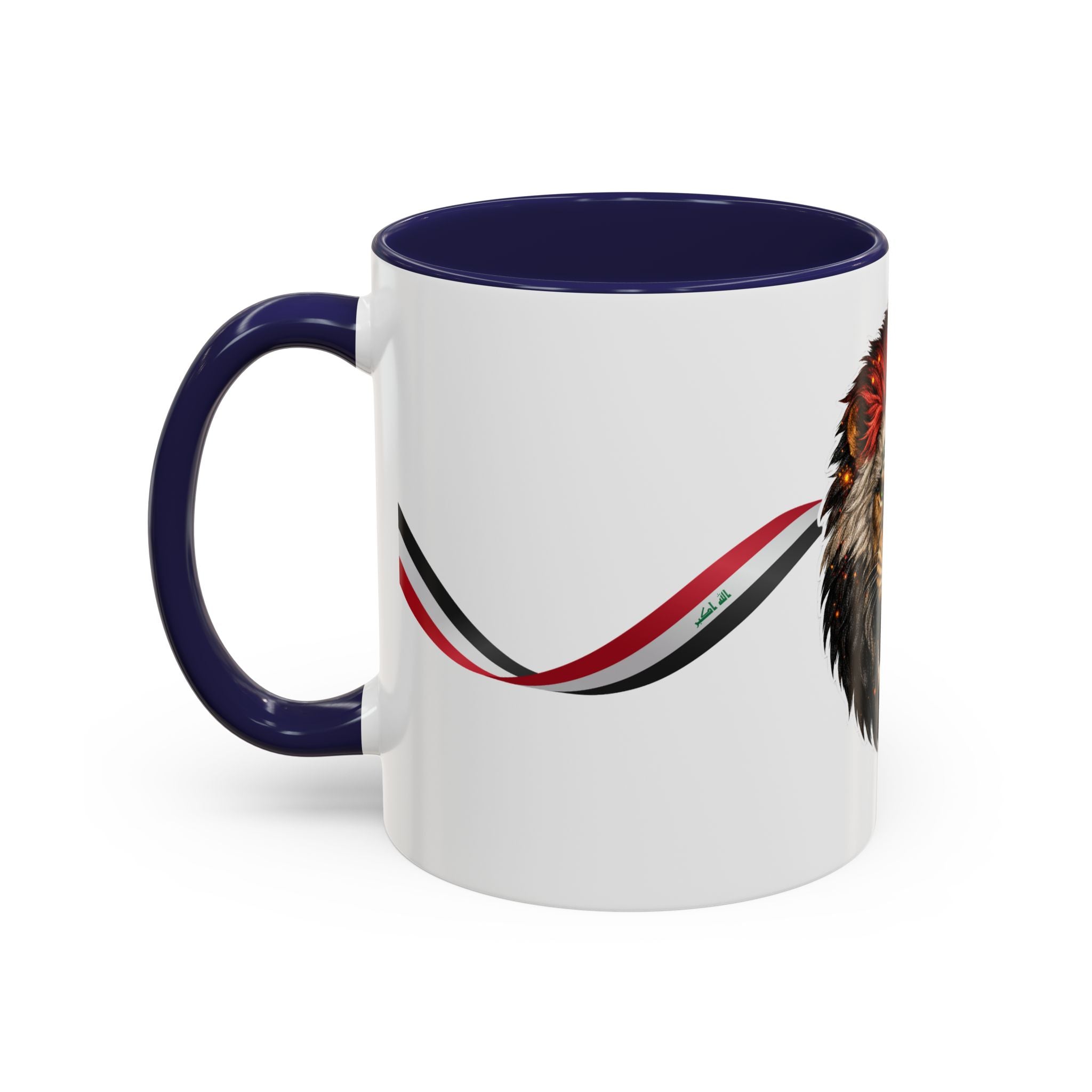 Iraq Lion Head Accent Coffee Mug with Arabic Script and Flag Ribbon – Patriotic Iraq Gift (11/15oz)
