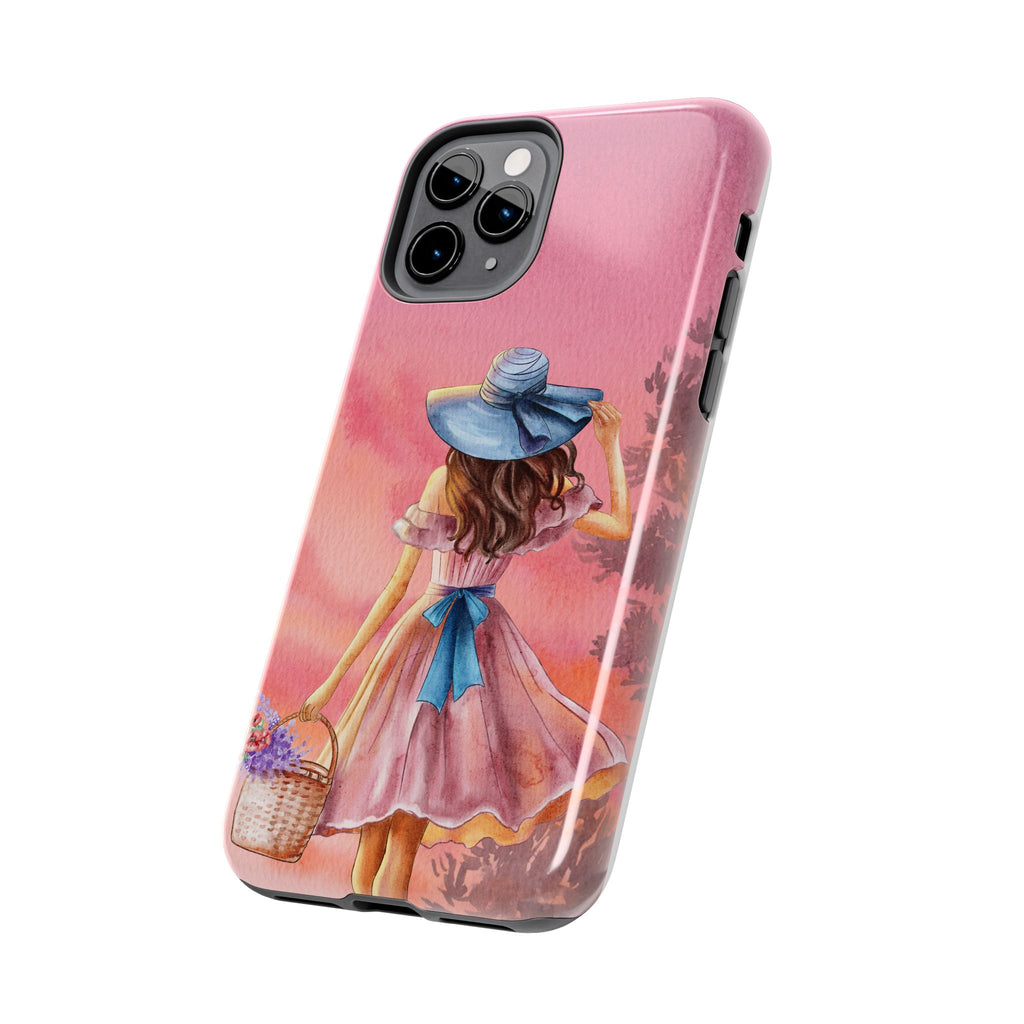 Pastel Picnic Girl Phone Case — Protective Tough Phone Case with Watercolor Sunset Design