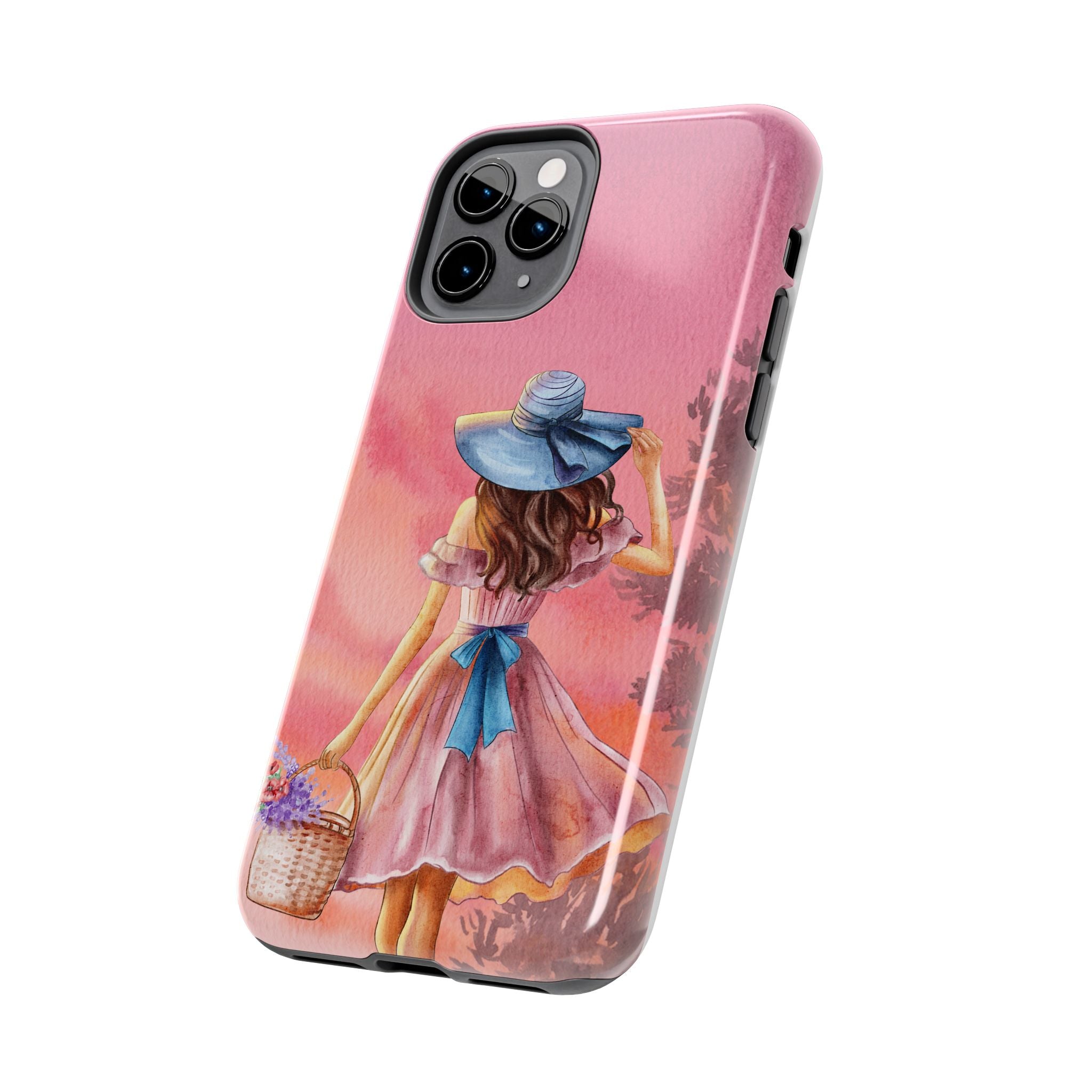 Pastel Picnic Girl Phone Case — Protective Tough Phone Case with Watercolor Sunset Design