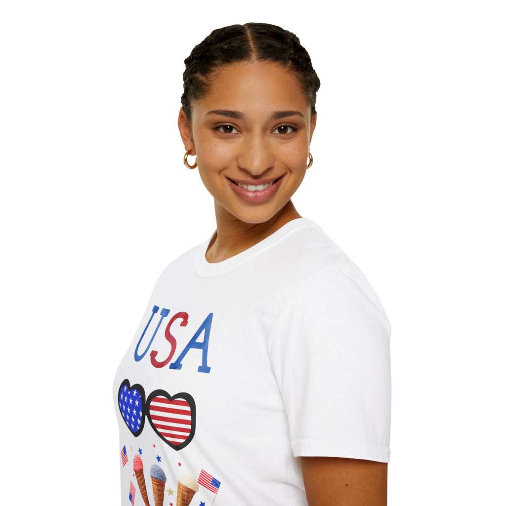 USA Heart Sunglasses & Patriotic Ice Cream T-Shirt — 4th of July Independence Day Tee