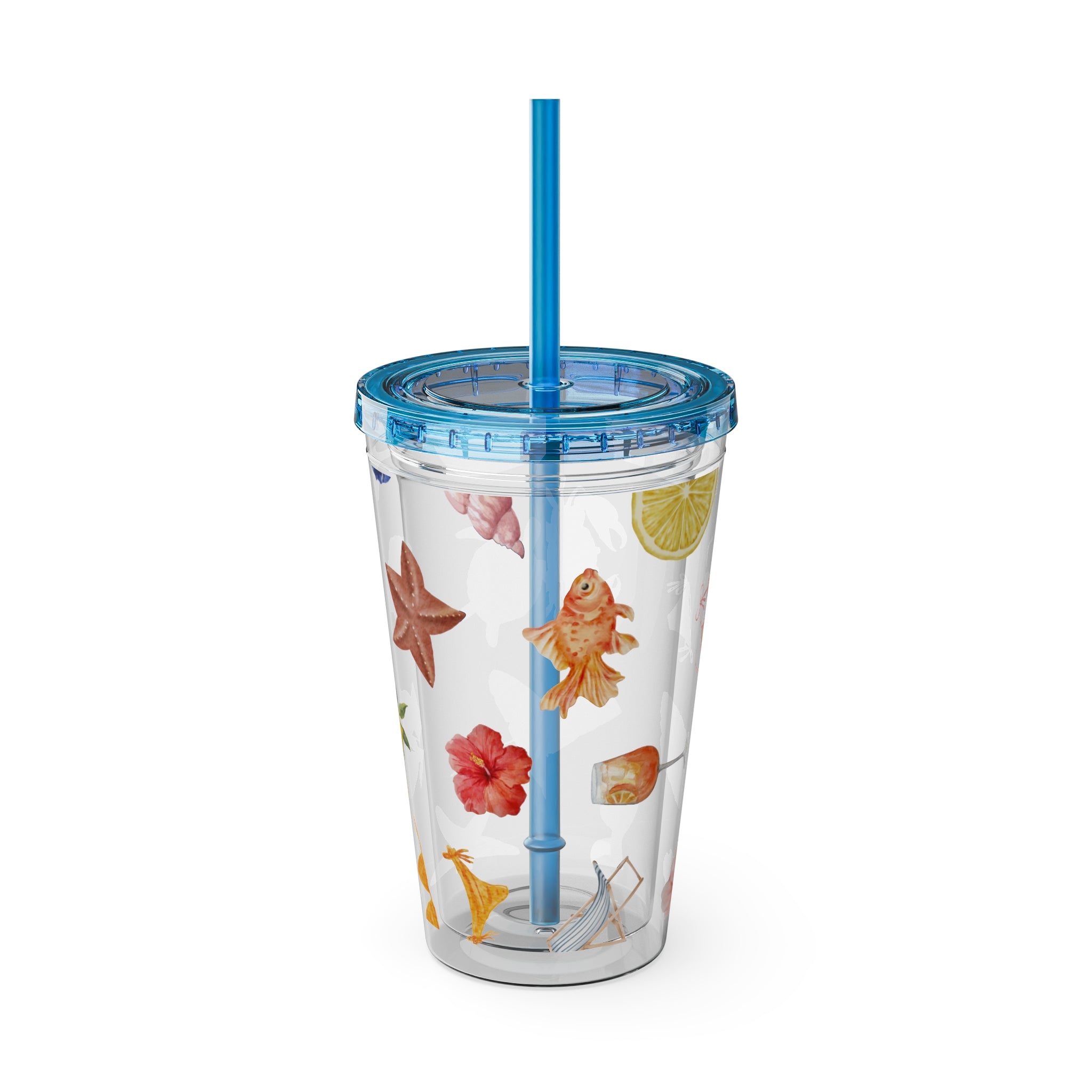 16oz Sunsplash Tumbler with Straw — Beach Shell & Tropical Watercolor Pattern