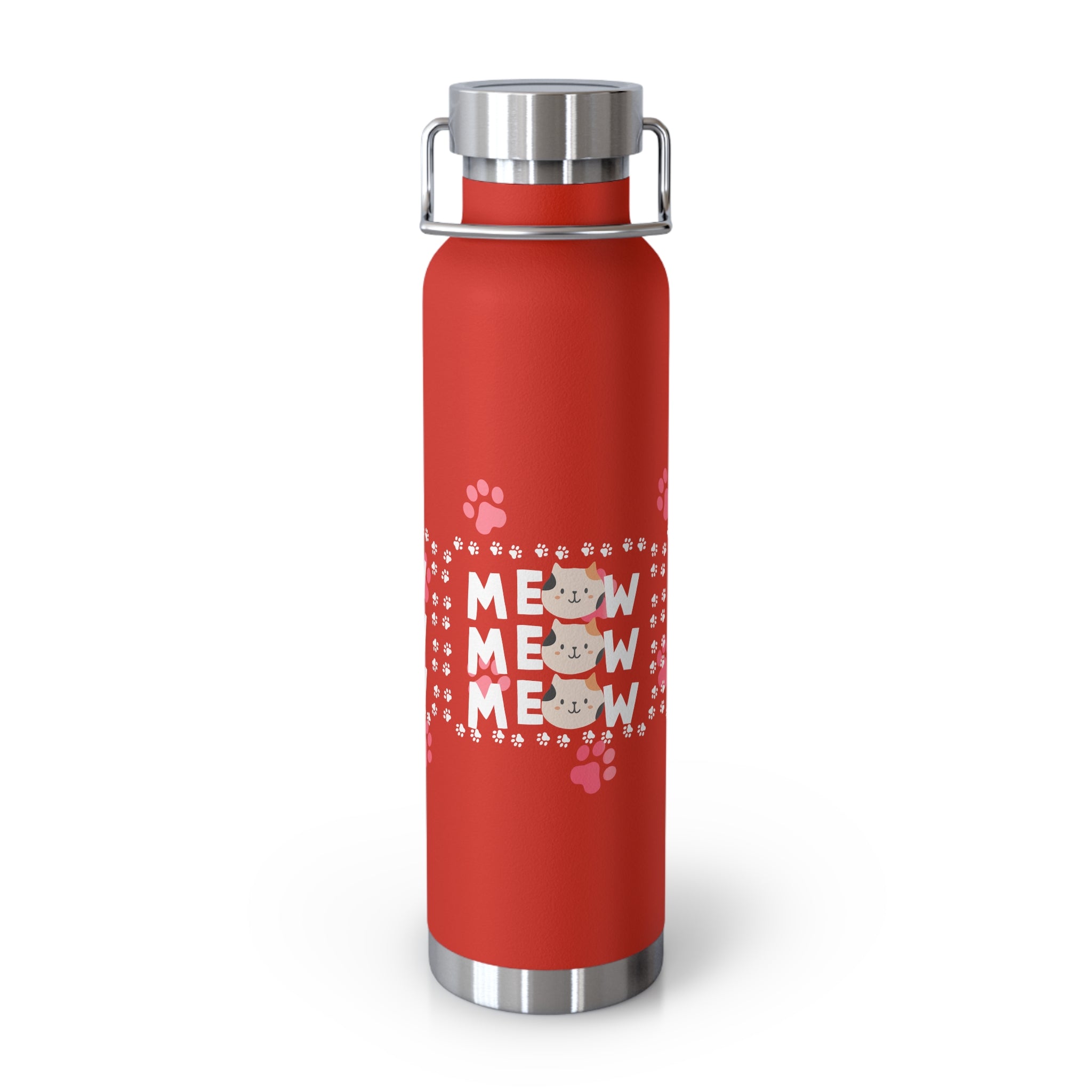 22oz Insulated Bottle — Red 'MEOW' Cute Cat Paw Print Design
