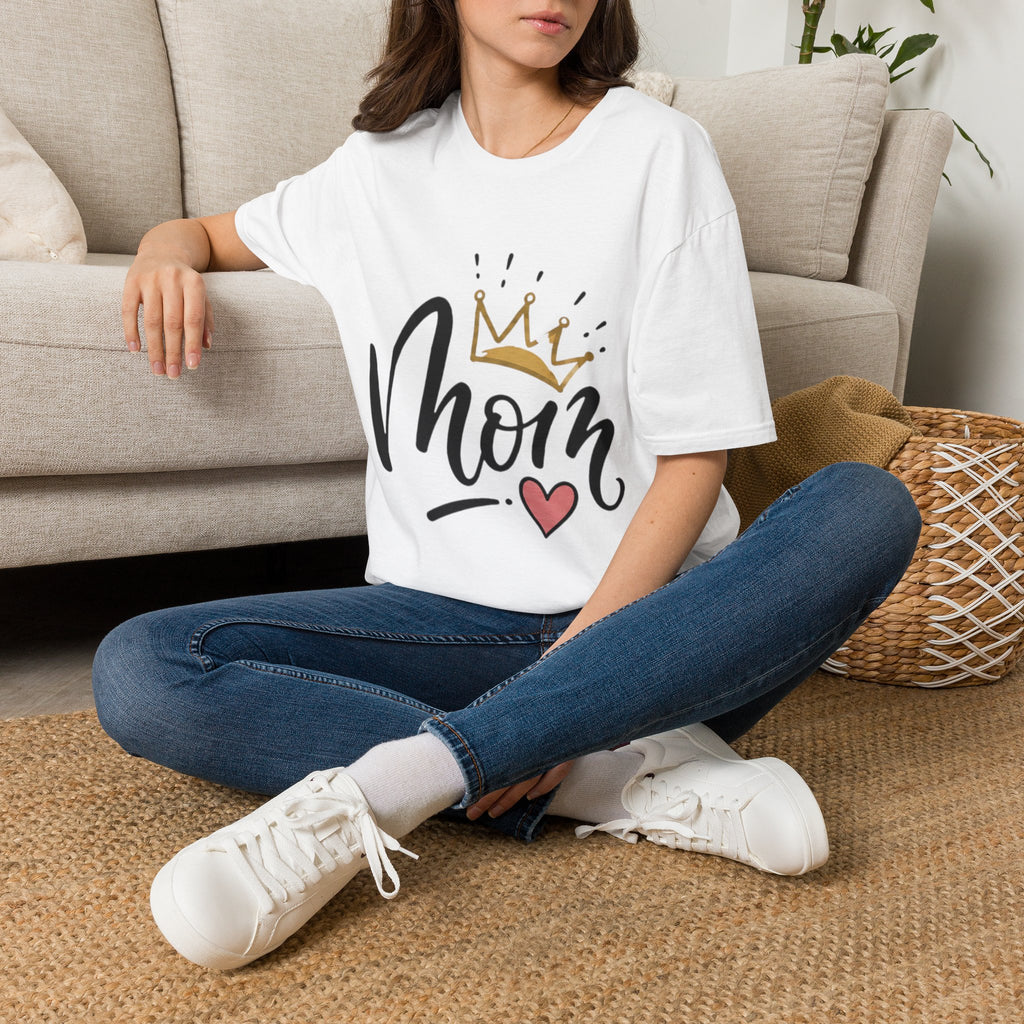 Mom Crown T-Shirt — Cute Script Mom Shirt with Gold Crown & Heart