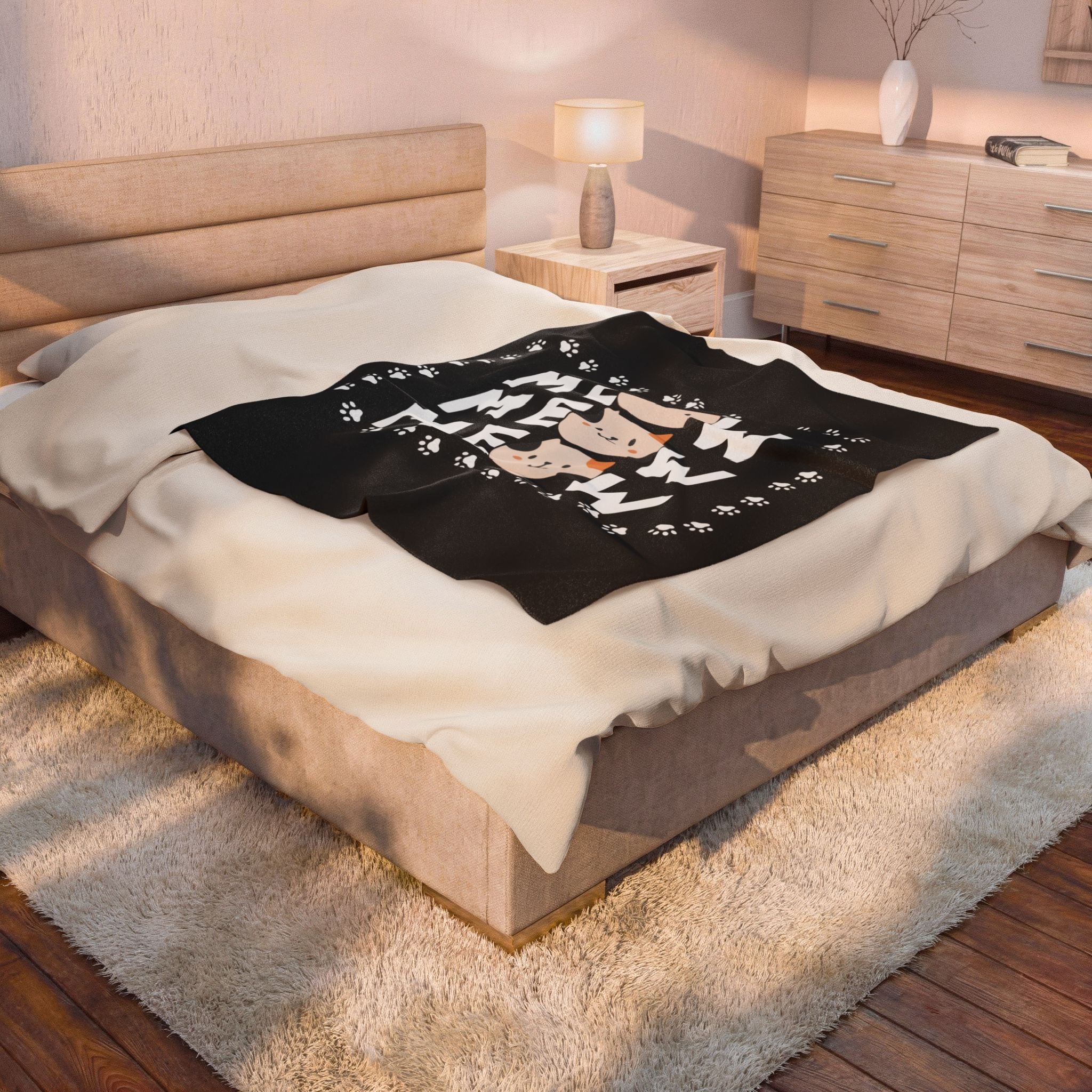 Meow Meow Cat Plush Blanket — Cute Paw Print Velveteen Throw for Cat Lovers