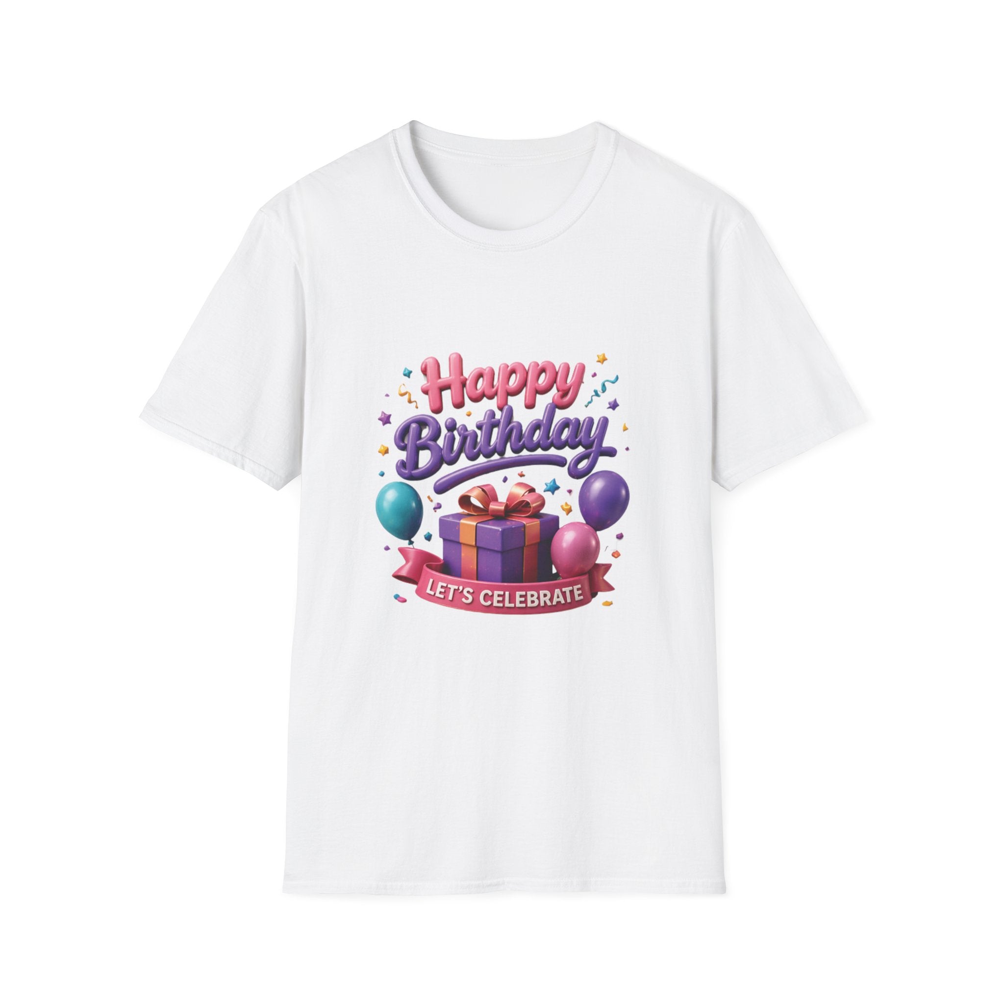 Birthday T-Shirt — "Happy Birthday" Gift Tee with Balloons & Present