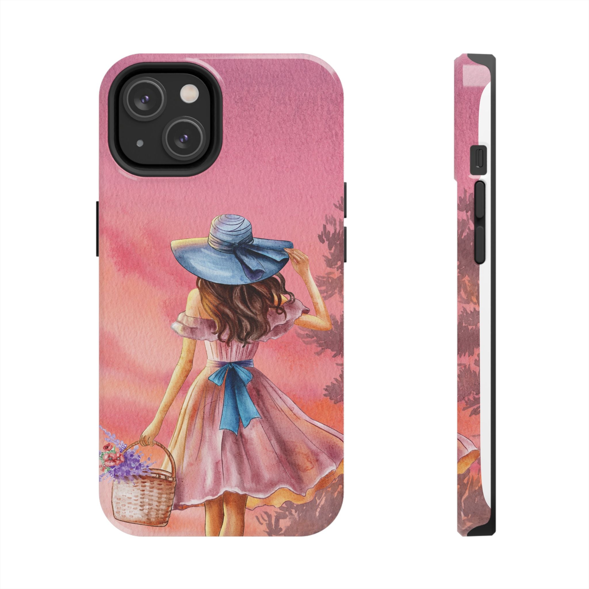 Pastel Picnic Girl Phone Case — Protective Tough Phone Case with Watercolor Sunset Design