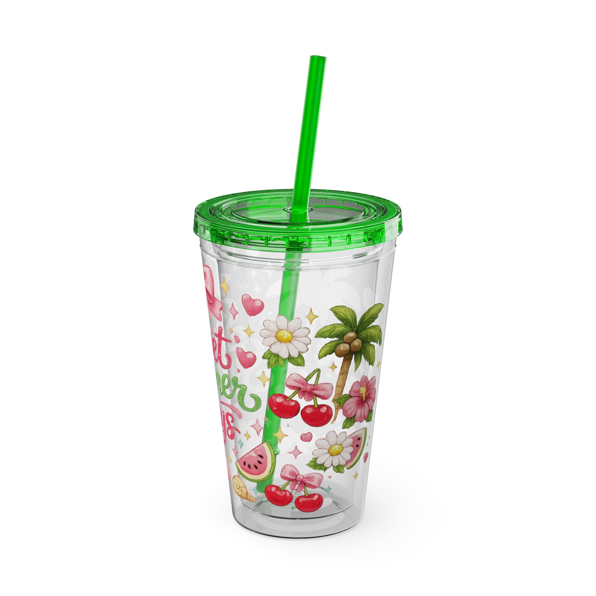 Sweet Summer Days Tumbler — 16oz Clear Straw Cup with Tropical Fruits & Bow Design